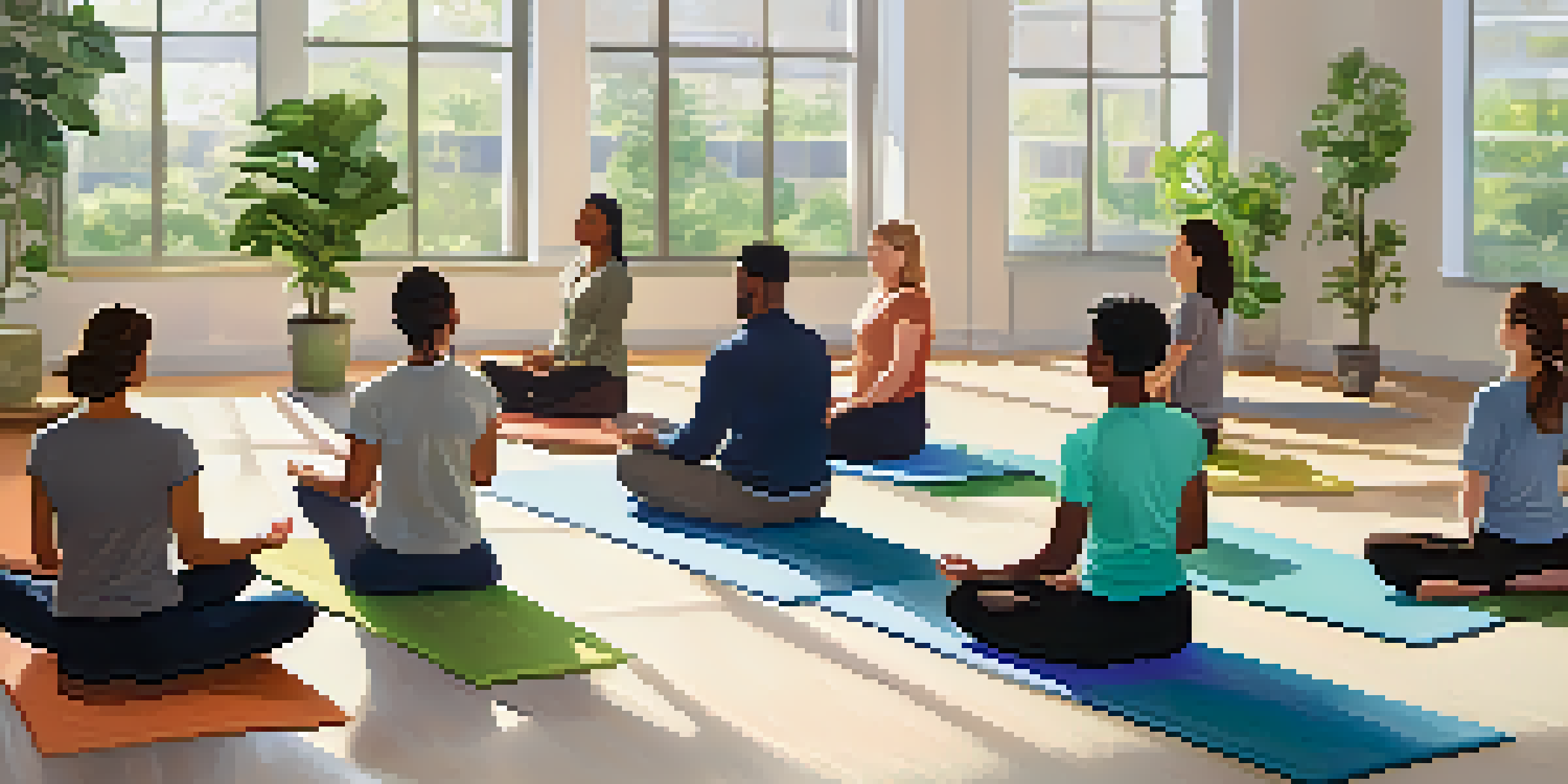 A peaceful office setting where employees participate in a mindfulness session, surrounded by natural light and plants.