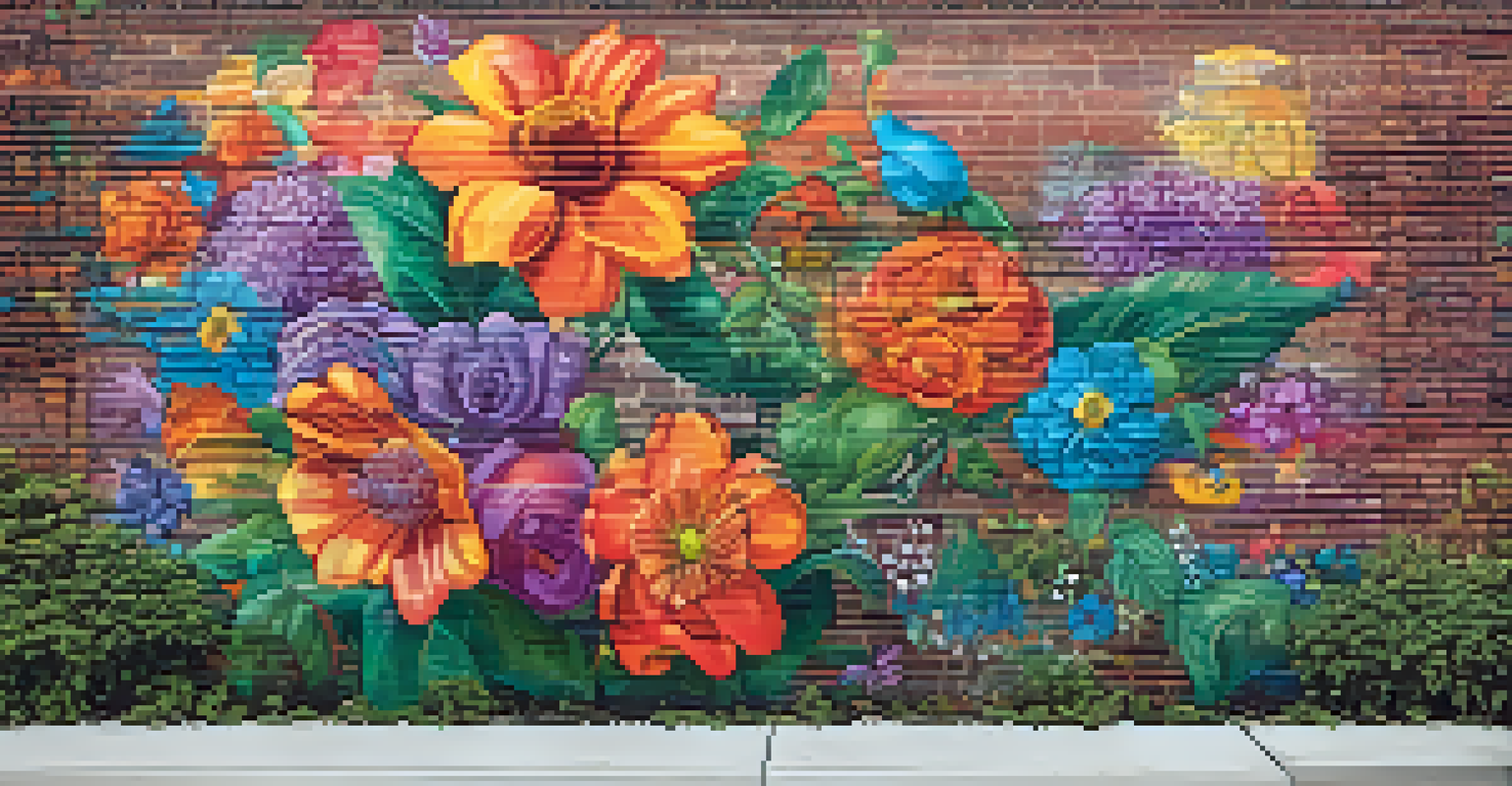 A colorful mural on a brick wall illustrating themes of overcoming addiction and hope.