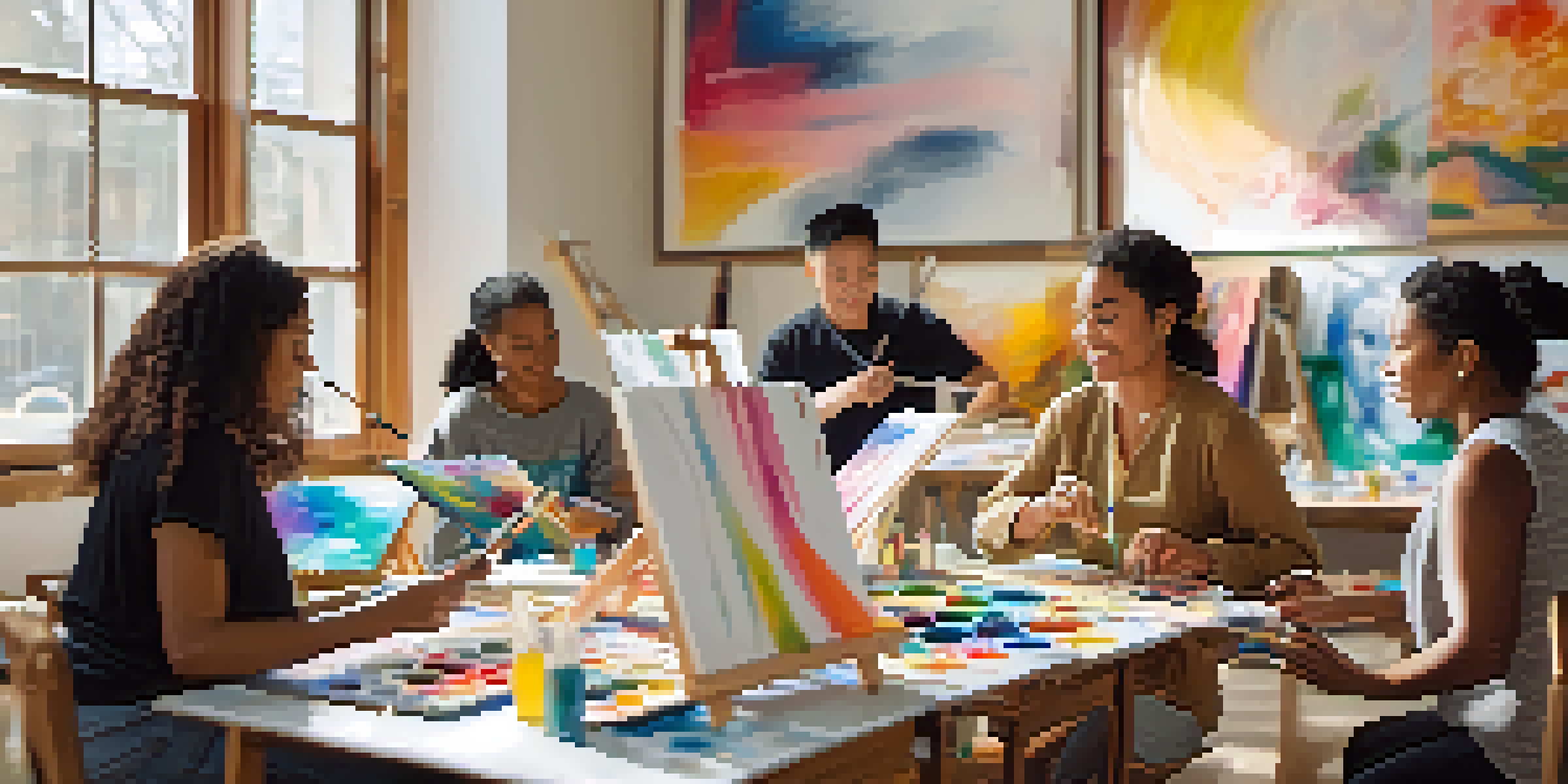 A group of diverse individuals engaged in an art therapy session, painting in a bright and sunny studio filled with art supplies.