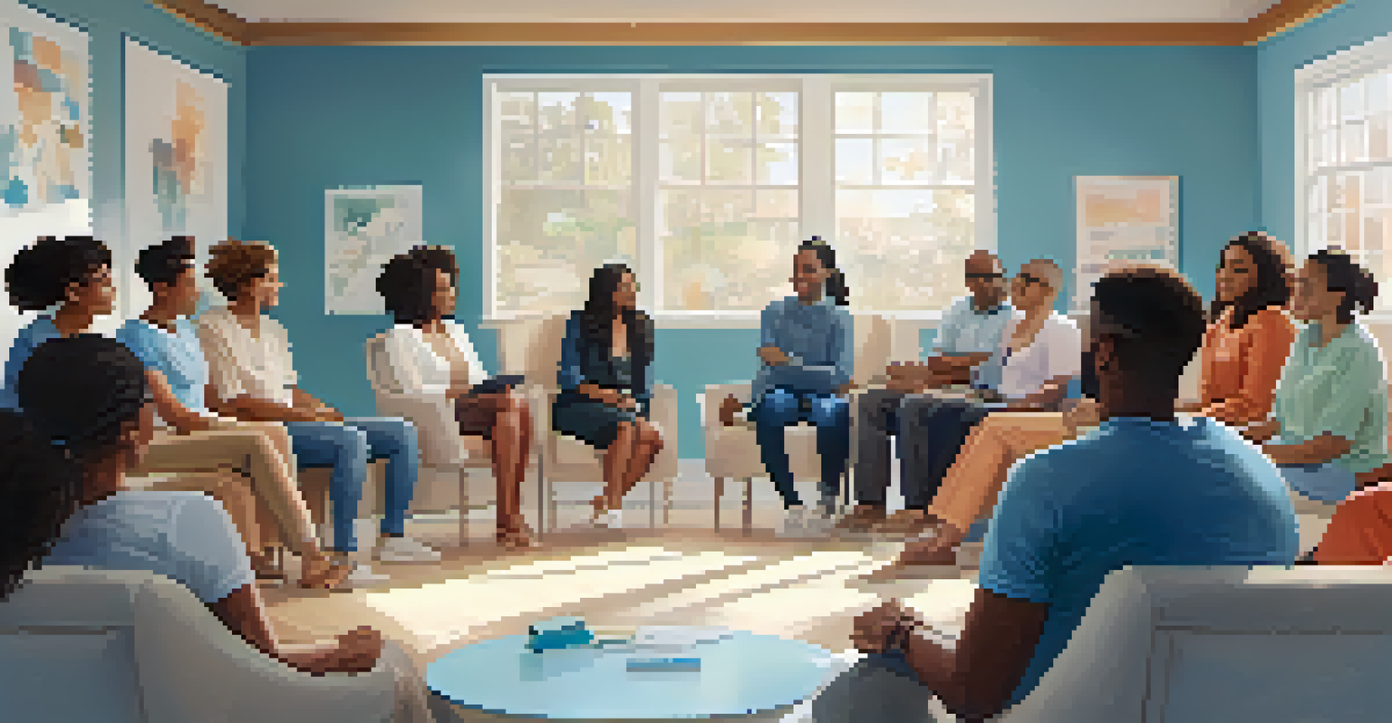 A group therapy session with diverse individuals sitting in a circle, sharing experiences in a bright and supportive environment.