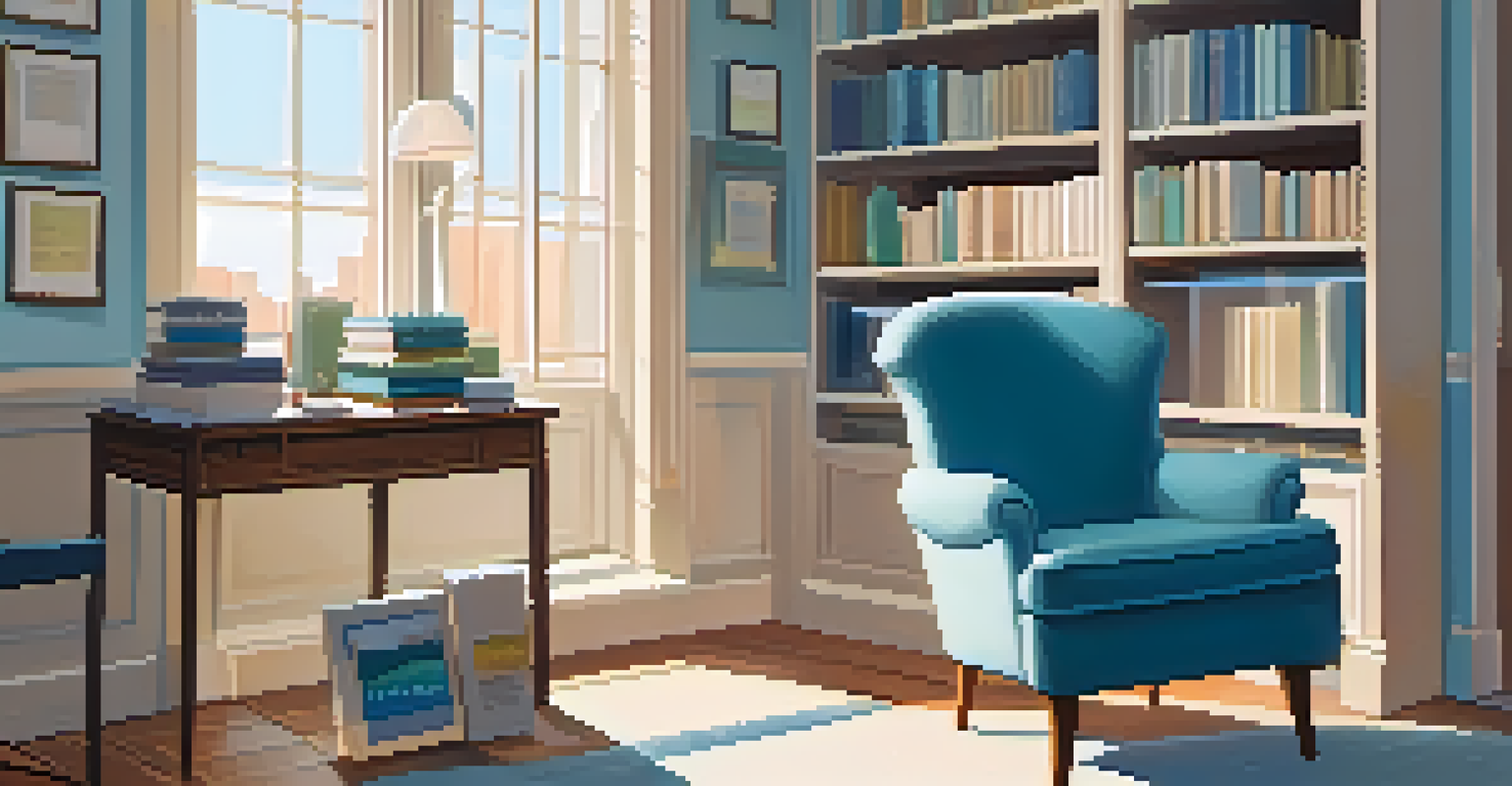 A therapist's office with a comfortable chair, a table with a notepad, and a bookshelf, illuminated by natural light.