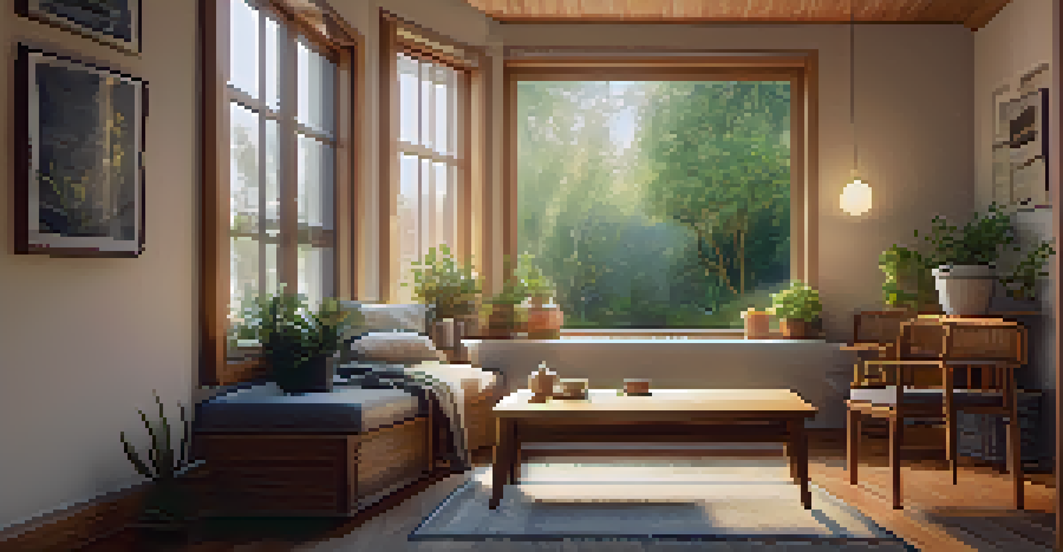 A cozy indoor space with a meditation cushion, a cup of tea, and a journal, creating a calming atmosphere for mindfulness practice.