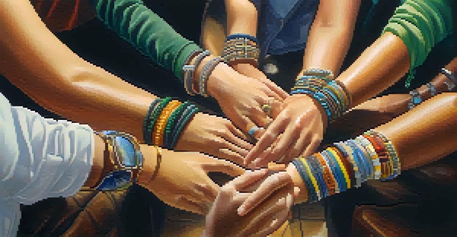 Close-up of diverse hands holding each other during a support group meeting, with chairs in a circle in the background.