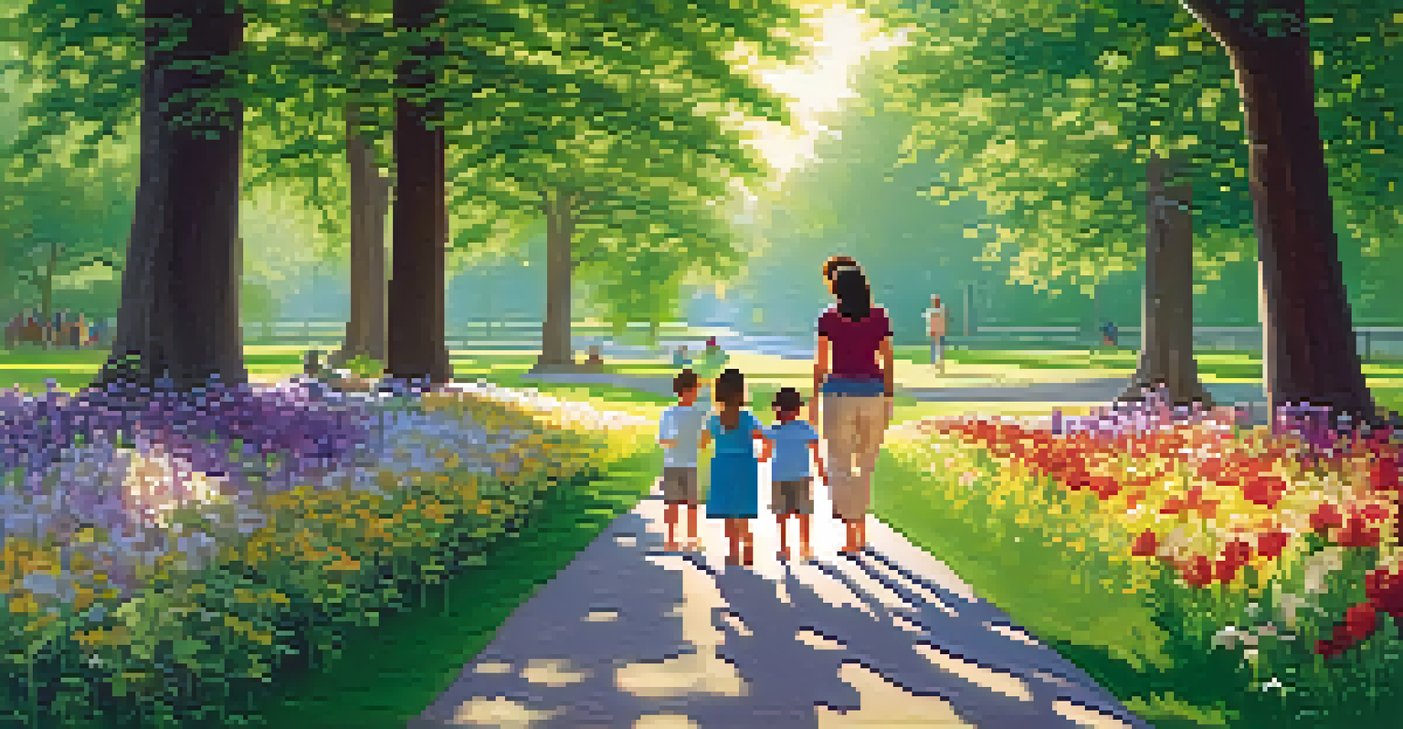 A family walking together in a sunny park, enjoying each other's company and fostering connections.