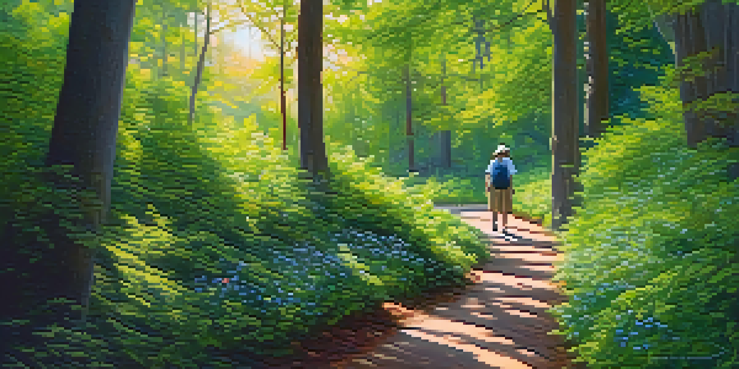 A person walking in a peaceful forest, surrounded by green trees and colorful flowers, practicing mindfulness.