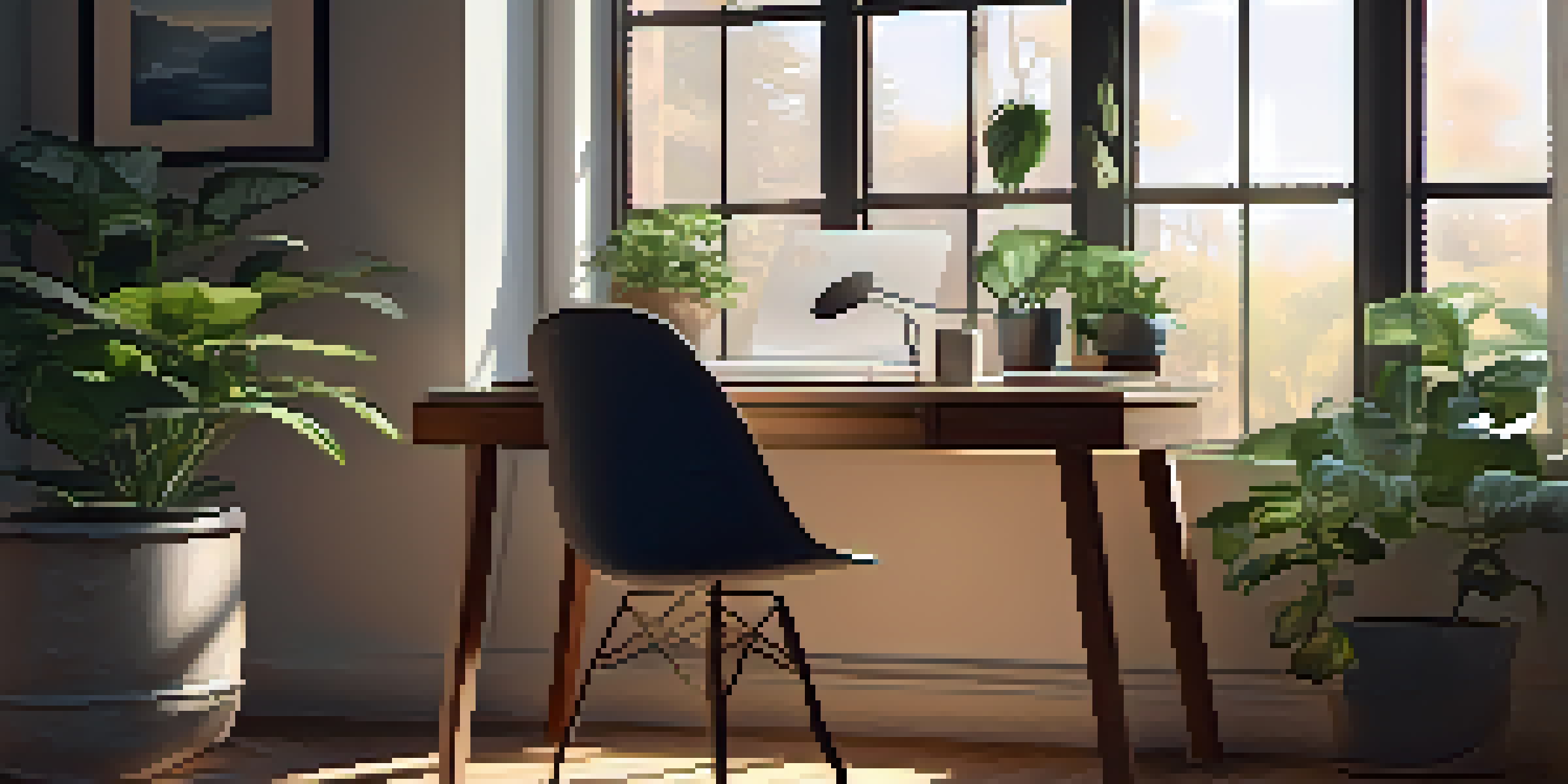 A calm and organized workspace with a laptop, coffee cup, and a plant, illuminated by soft morning light.