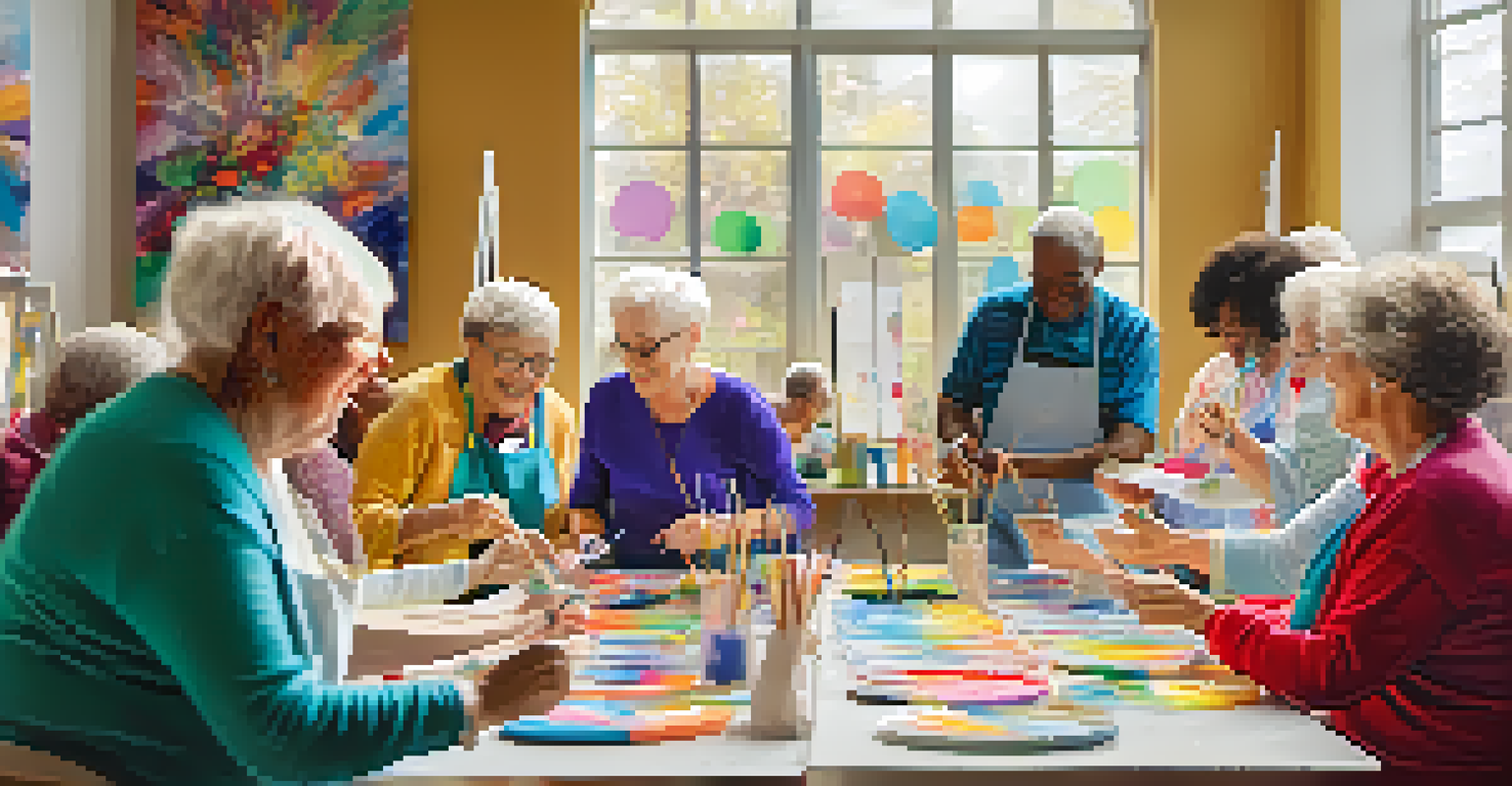 Older adults participating in an art class in a bright and cheerful community center.