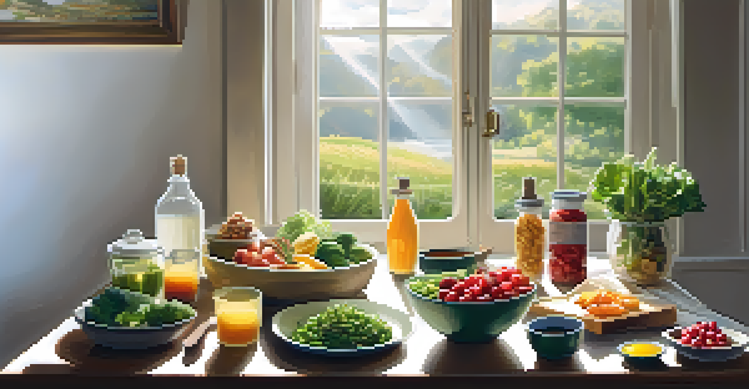 A person practicing mindfulness with healthy foods on a table in a peaceful setting with sunlight streaming through a window.