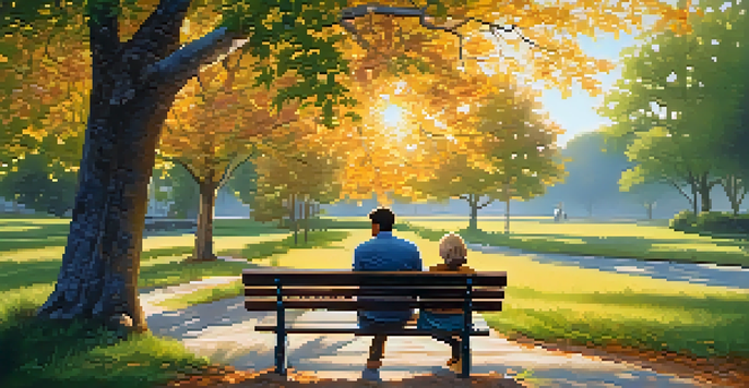 A couple sitting on a bench in a park, having an empathetic conversation under golden sunlight.