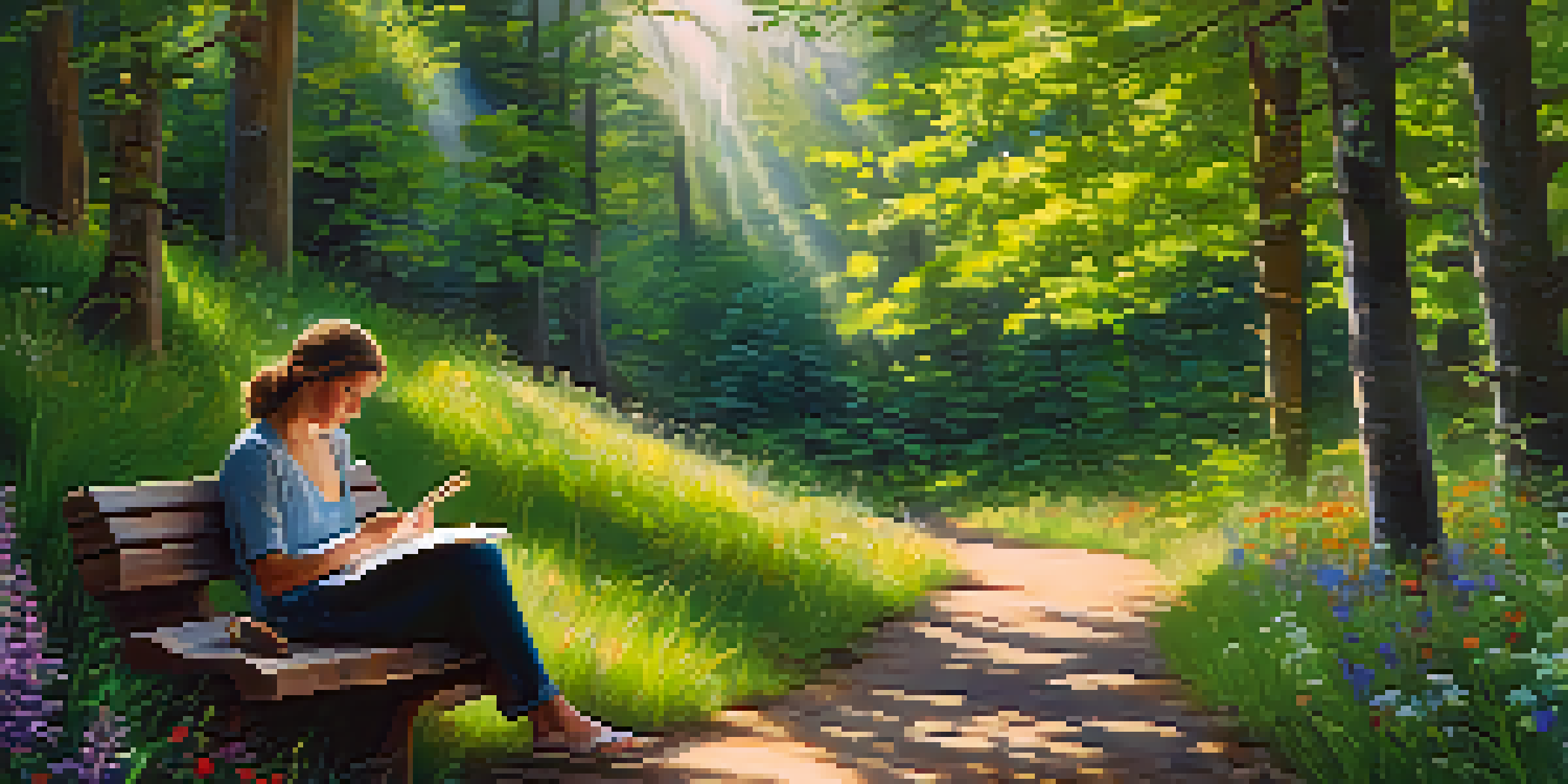 A person sitting on a bench in a green forest, journaling with sunlight filtering through the trees.