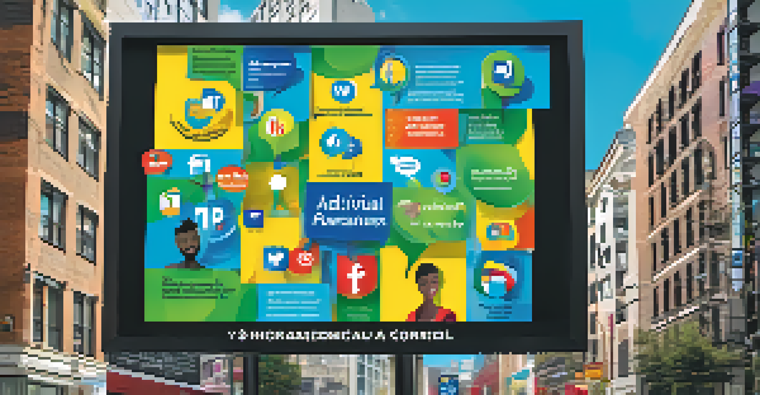 A digital poster promoting a virtual discussion on addiction awareness, featuring diverse community members and bright colors in an urban setting.