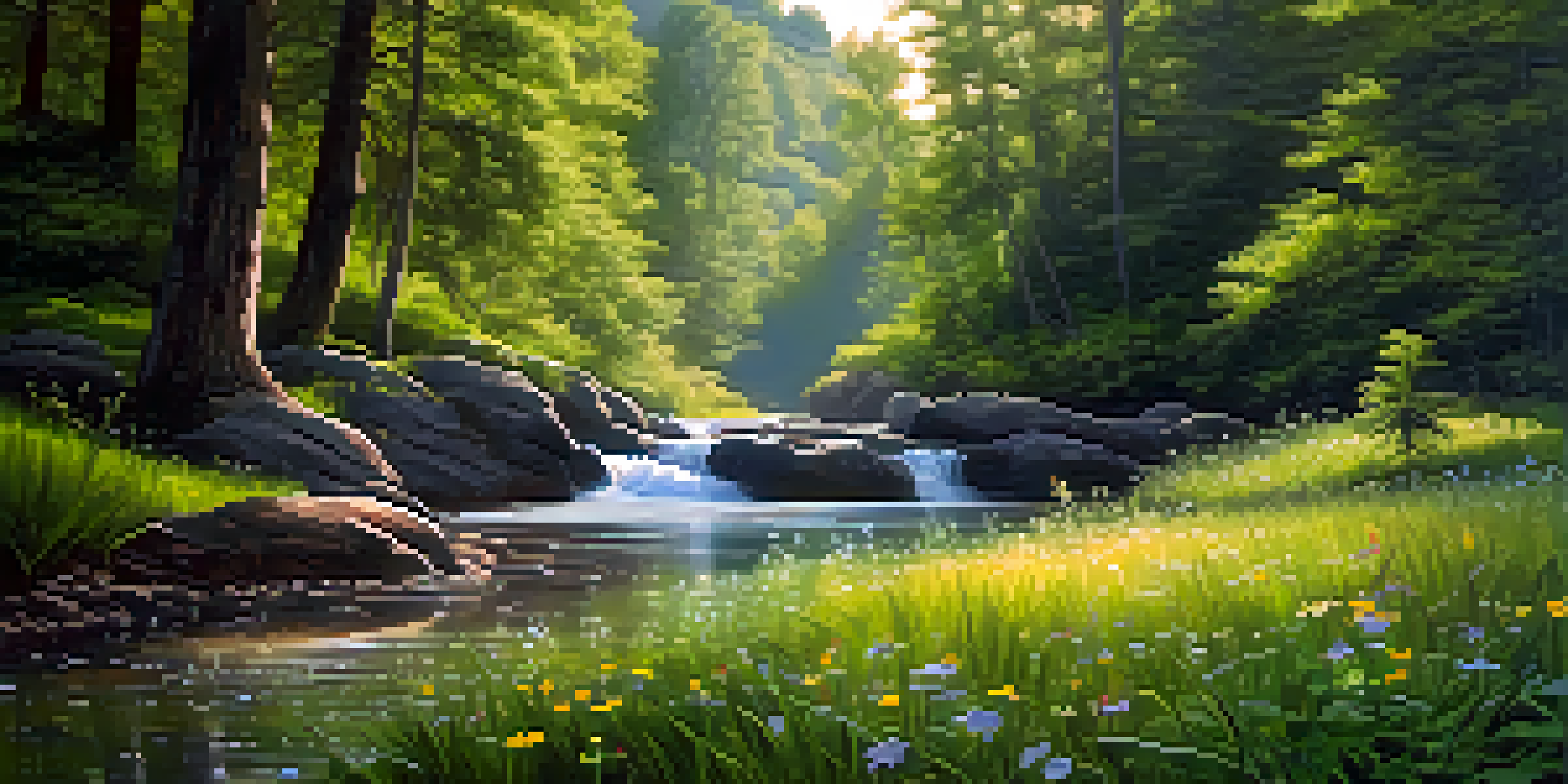 A peaceful forest scene with a person meditating by a stream, surrounded by vibrant nature.