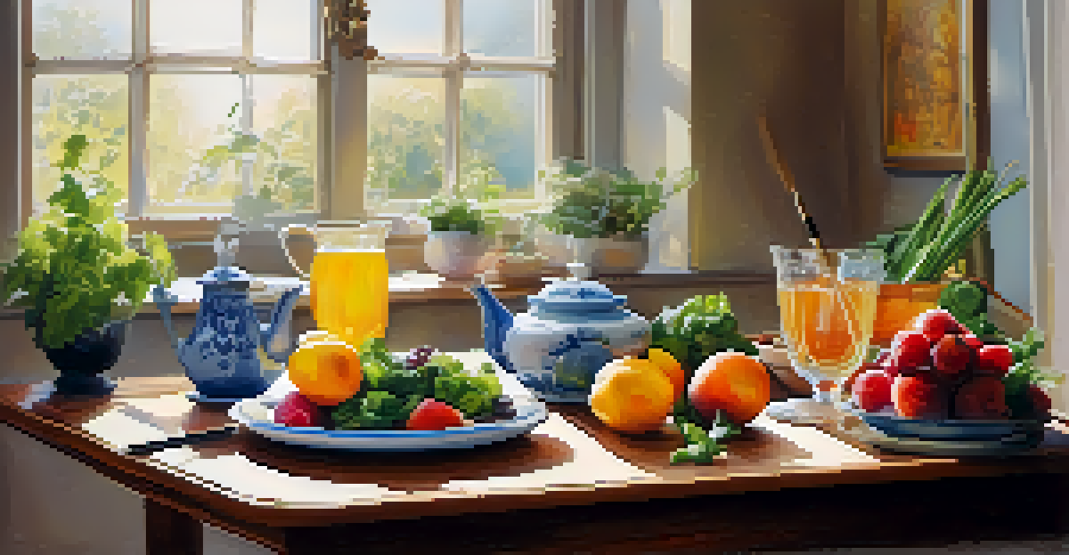 A table with fresh fruits and vegetables, accompanied by a journal and a cup of tea.