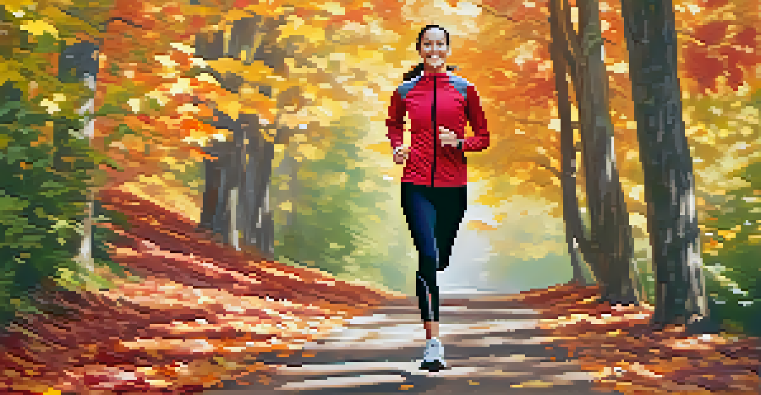A person jogging on a scenic trail lined with colorful autumn leaves, capturing a moment of vitality and freedom in nature.