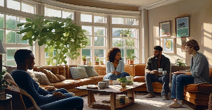 A diverse group of friends sitting together in a cozy living room, engaging in conversation with sunlight streaming through the window.