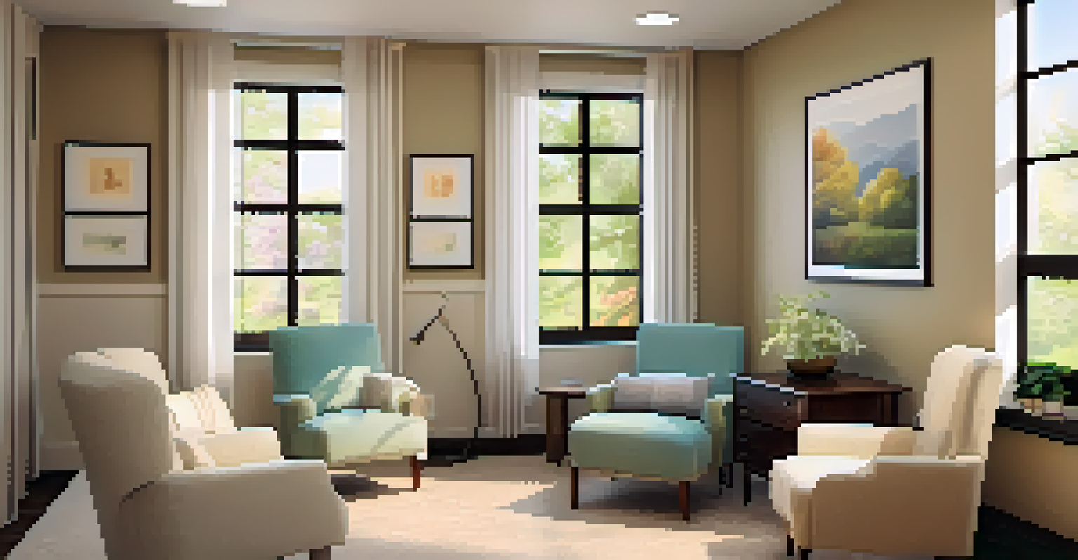 A cozy therapy room with warm lighting and comfortable chairs, decorated with calming artwork and a view of a garden.