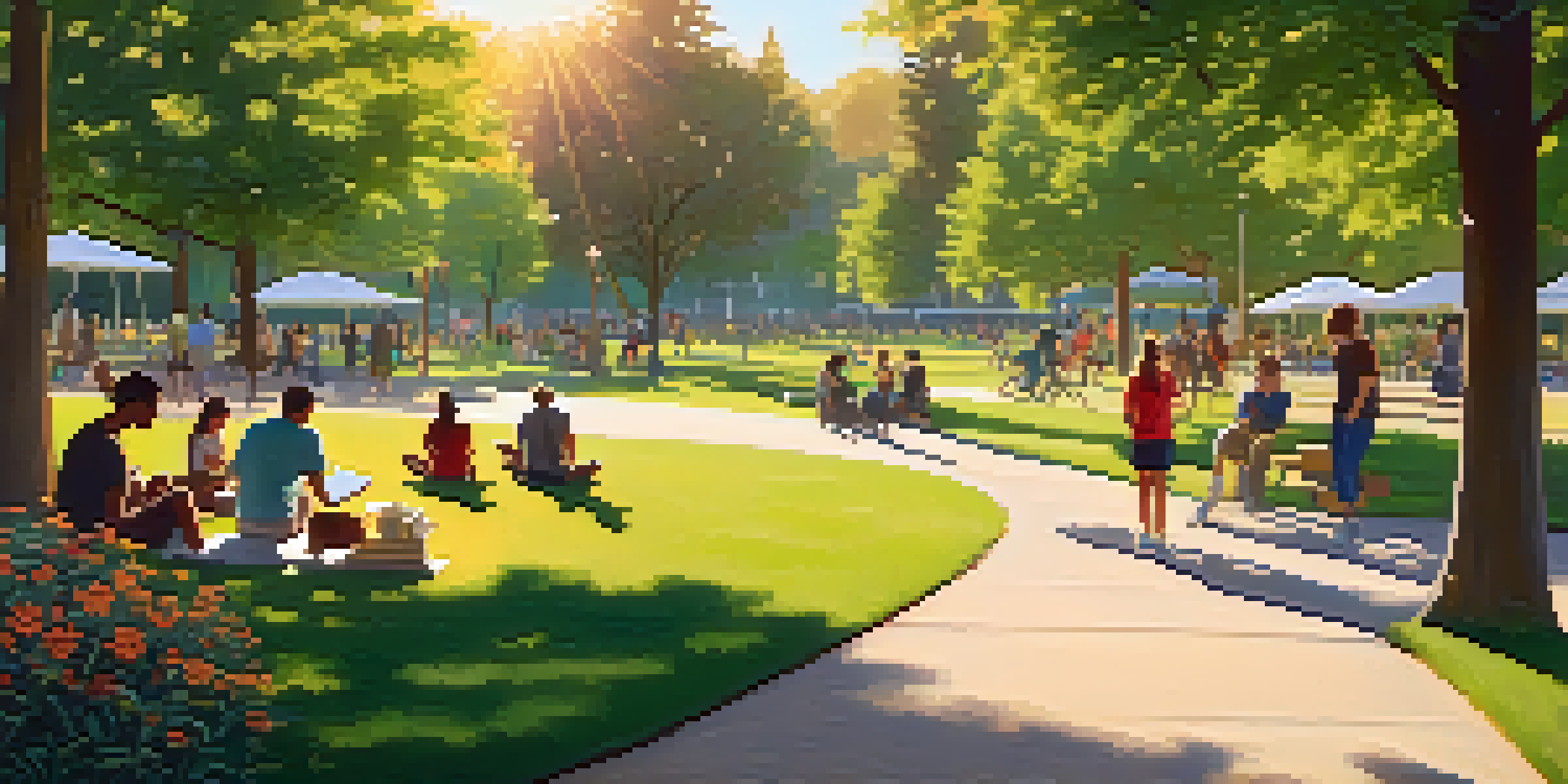 A peaceful community park with people of different backgrounds enjoying various activities during sunset.