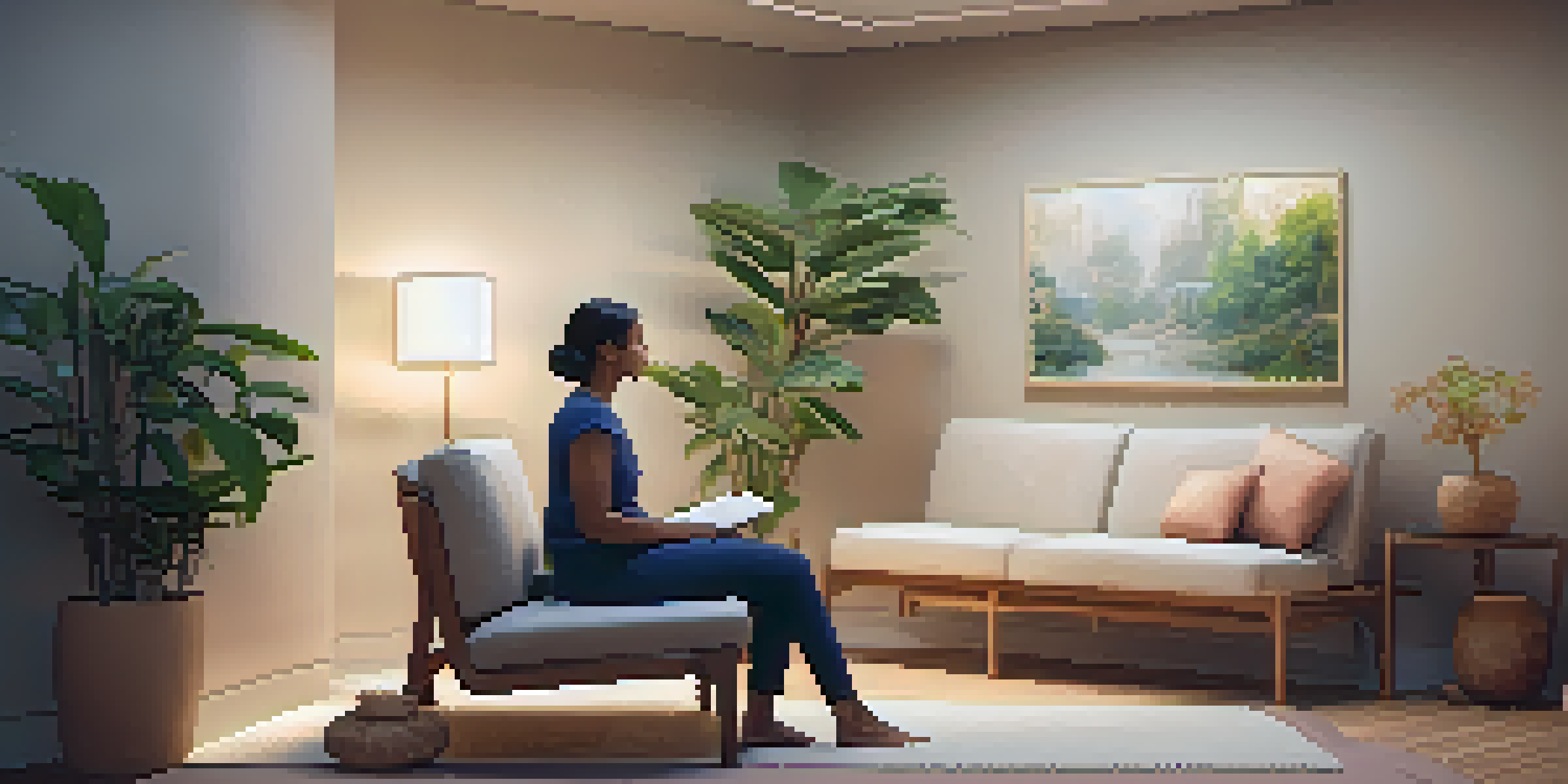 A cozy therapy room with a therapist and patient engaged in a session. Soft lighting and calming decor enhance the serene environment.