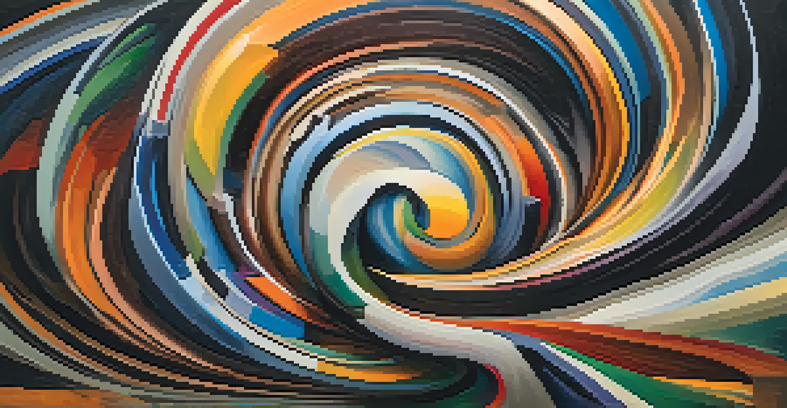 An abstract representation of cognitive distortion with swirling colors transitioning from dark to light.