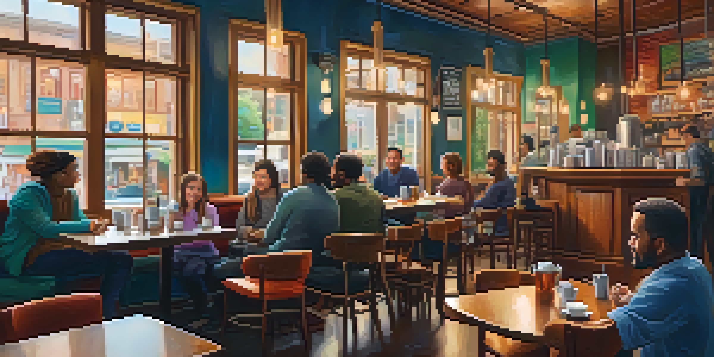 Interior of a cozy coffee shop with diverse people conversing, warm lighting, and colorful artwork on the walls.