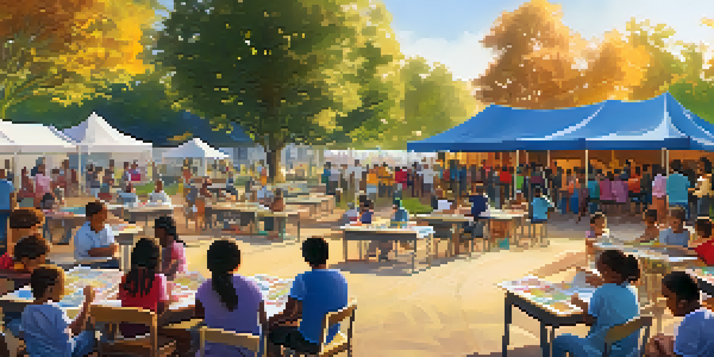A community education workshop with families participating in activities under a colorful tent, promoting addiction awareness.
