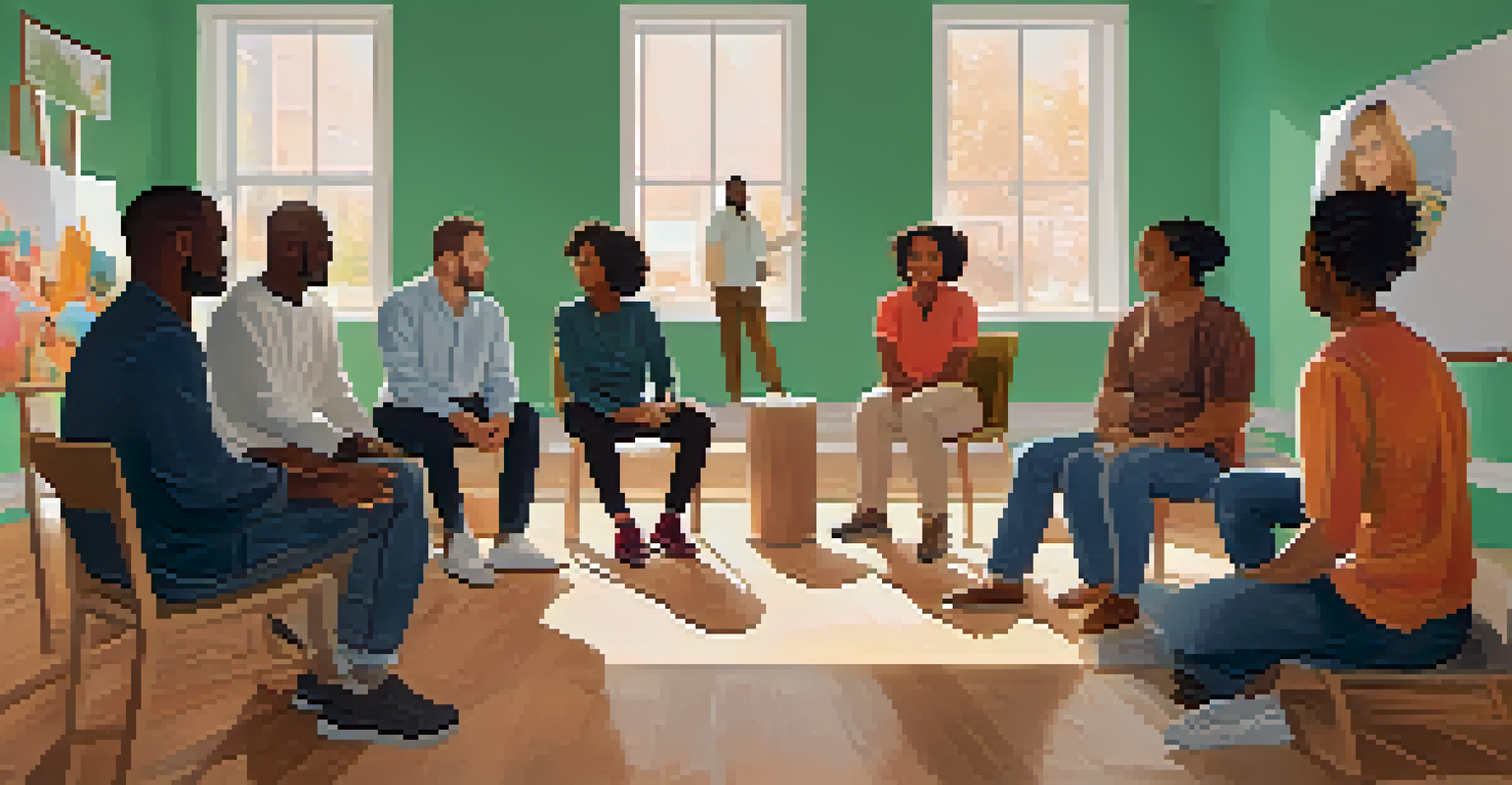 A diverse support group meeting in a bright room where individuals share their experiences with addiction.