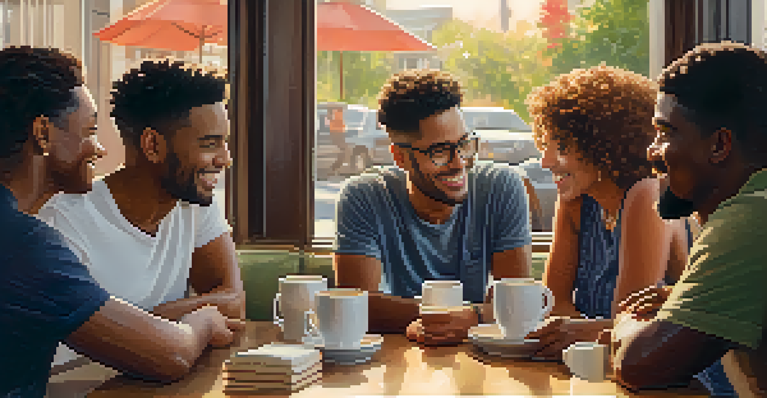 A group of diverse friends having a supportive conversation in a coffee shop.