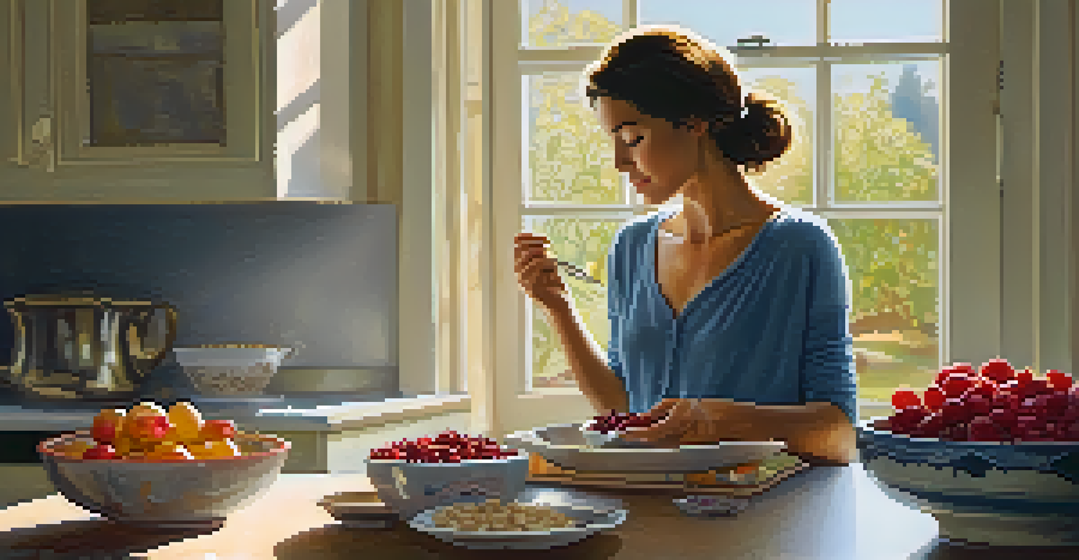 A person enjoying a bowl of oatmeal with berries and nuts at a cozy kitchen table, bathed in warm morning light.