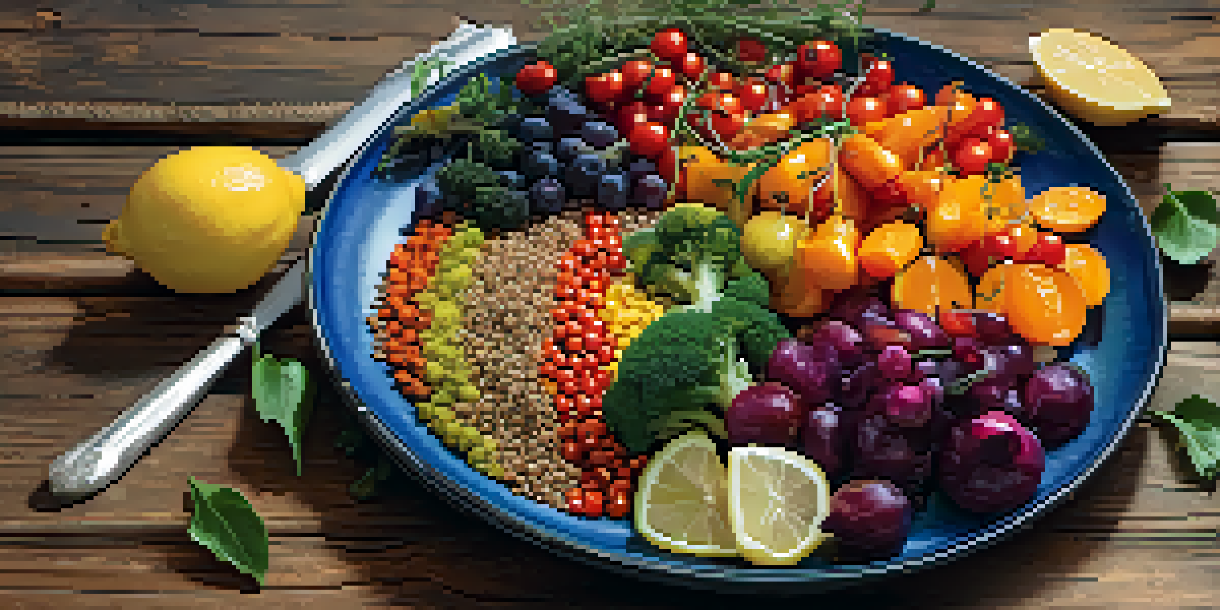 A plate filled with colorful, healthy whole foods like roasted vegetables and fresh fruits, with a glass of water on a rustic wooden table.