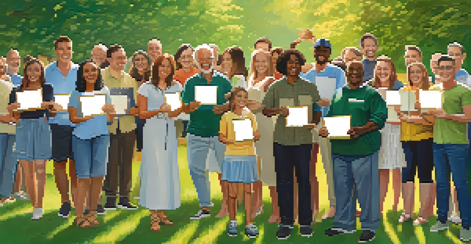 A joyful group of individuals celebrating a recovery milestone outdoors in a park, holding certificates and embodying a sense of community and accomplishment.