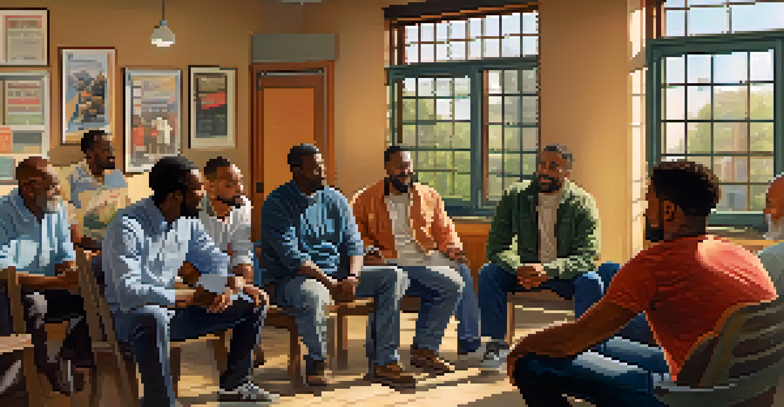A men's support group meeting in a bright community center, with diverse men engaged in discussion and sharing experiences.