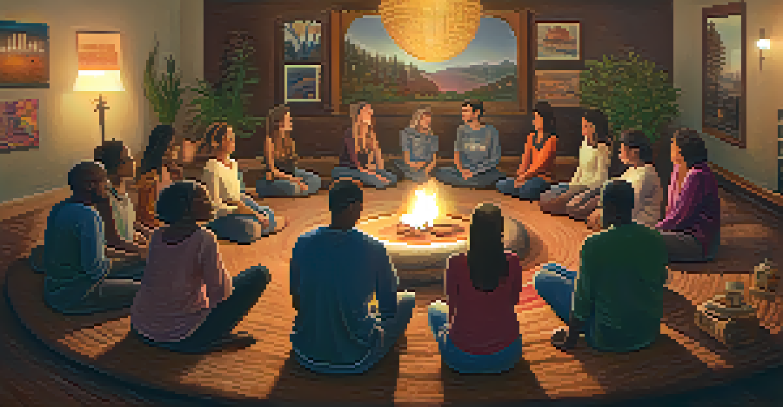 A group of people sitting in a circle during a spiritual gathering, holding hands and surrounded by candles.