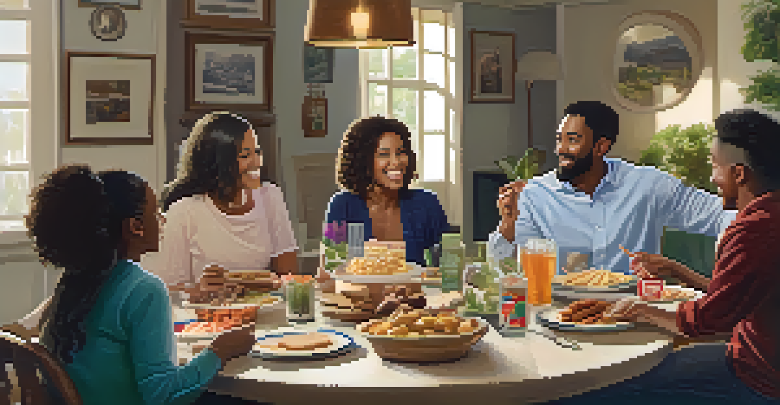 A family gathering around a dining table, engaged in a group discussion, smiling and supporting each other.