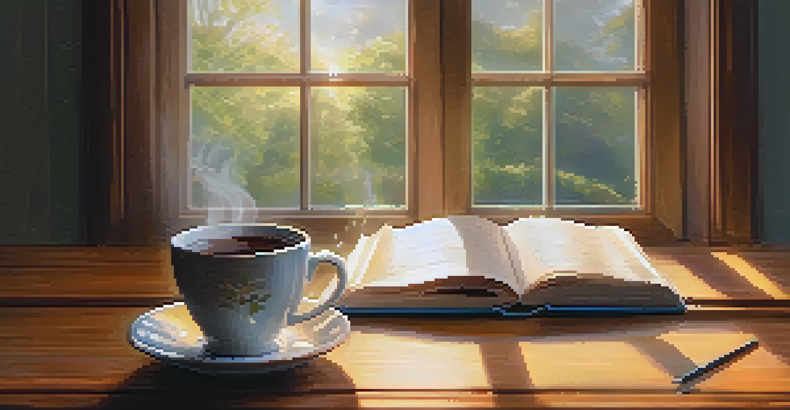 A journal and a cup of tea on a wooden table, with morning light coming through a window, symbolizing recovery and self-reflection.