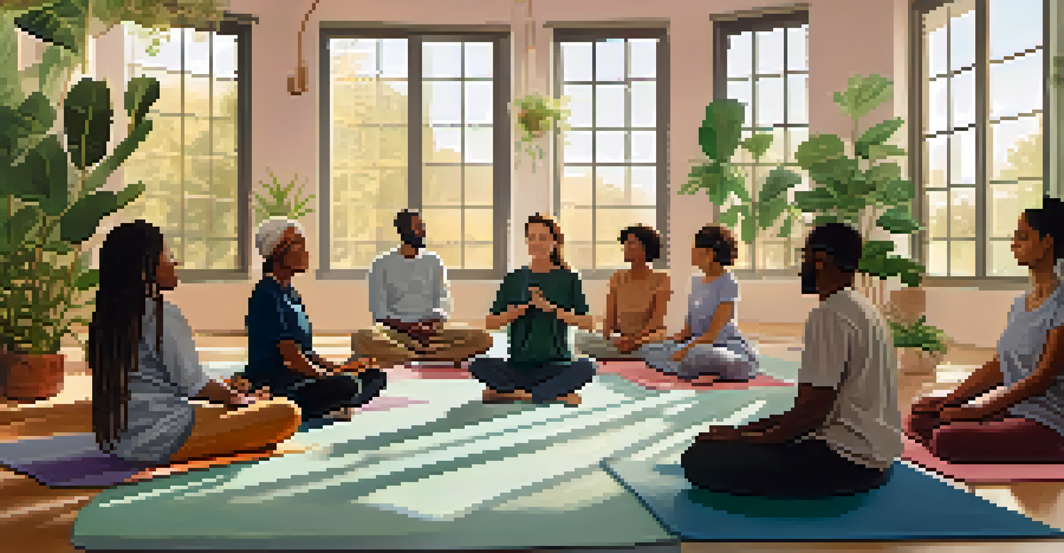 A group of individuals participating in a mindfulness exercise in a bright, welcoming room, fostering a sense of community.
