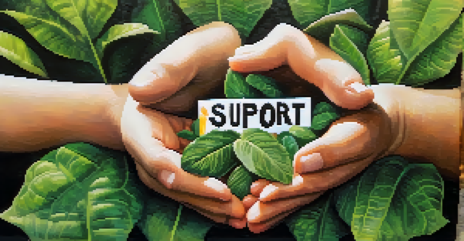 Close-up of diverse hands holding a 'Support Recovery' sign in a community garden, representing unity and support for addiction recovery.