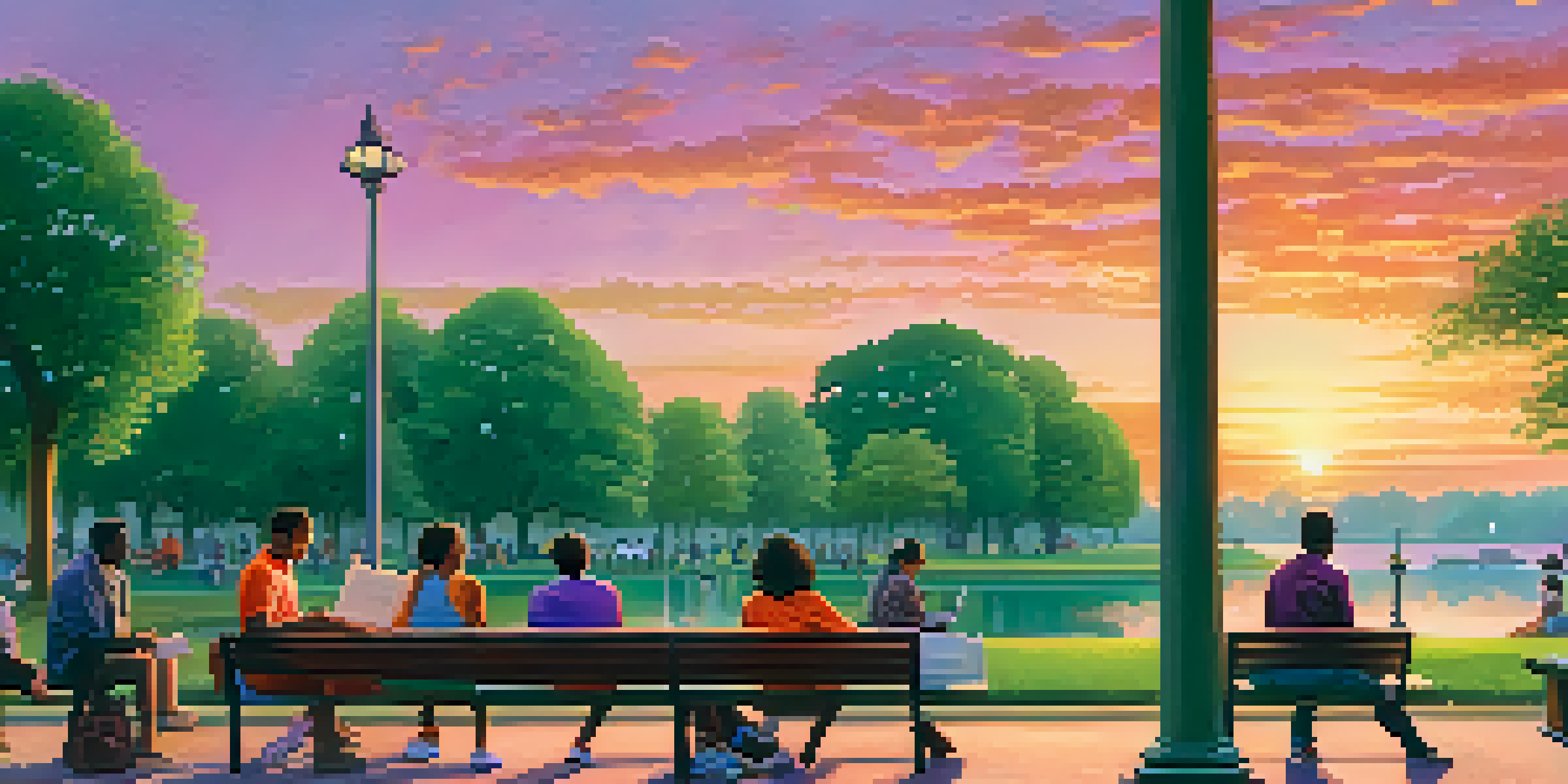 A vibrant park scene at sunset with diverse people enjoying time together, reading, and conversing, surrounded by colorful skies and trees.