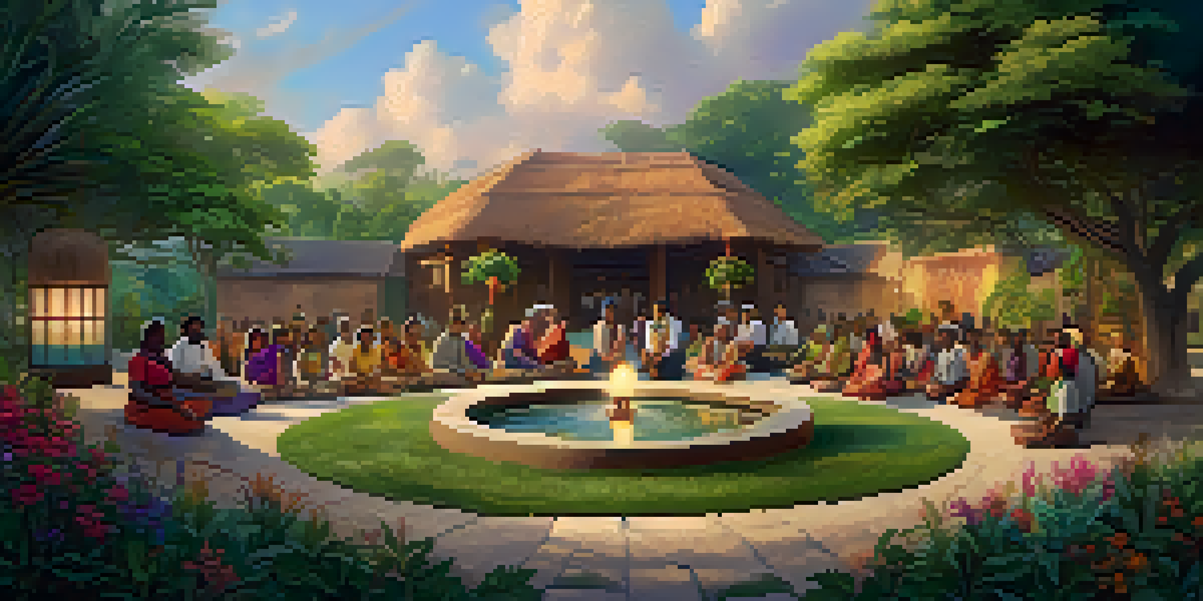 A community center with people of various ethnicities participating in a traditional healing circle surrounded by greenery.