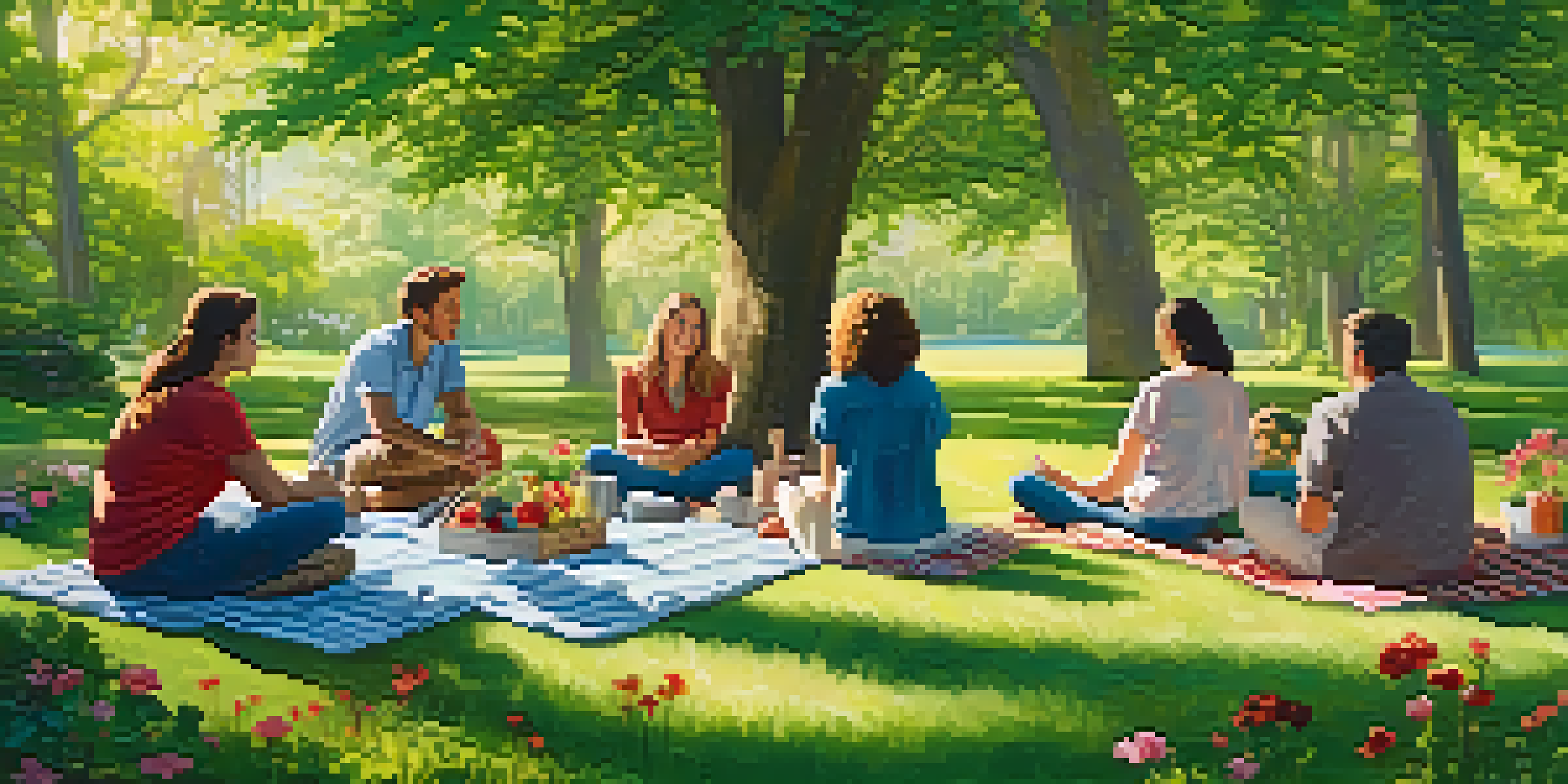 A peaceful park with a small group of people sitting on picnic blankets, engaged in a supportive conversation under trees with soft sunlight.