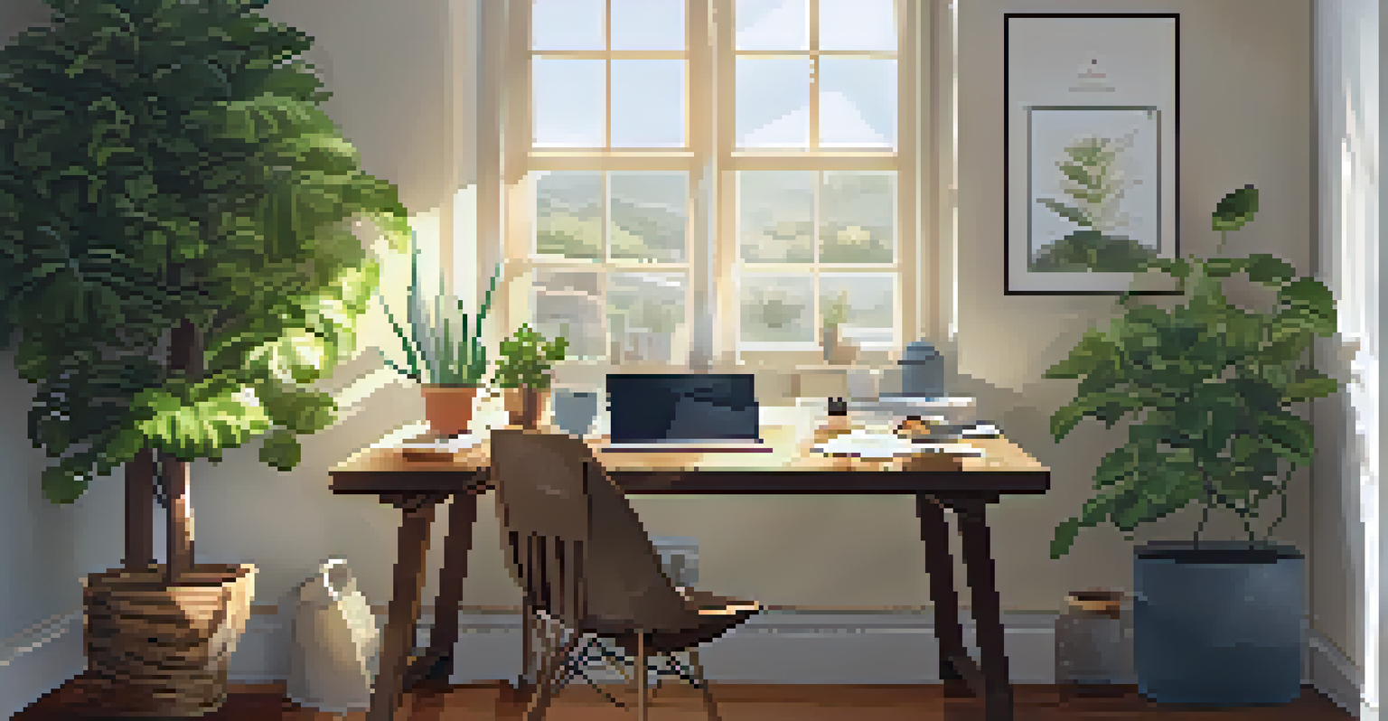 A cozy home office with a wooden desk, laptop, plant, journal, and herbal tea, bathed in warm sunlight.
