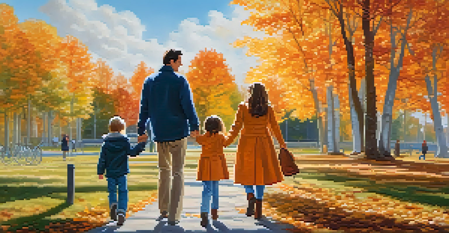 A family walking together in a park during autumn, surrounded by colorful leaves and smiling.