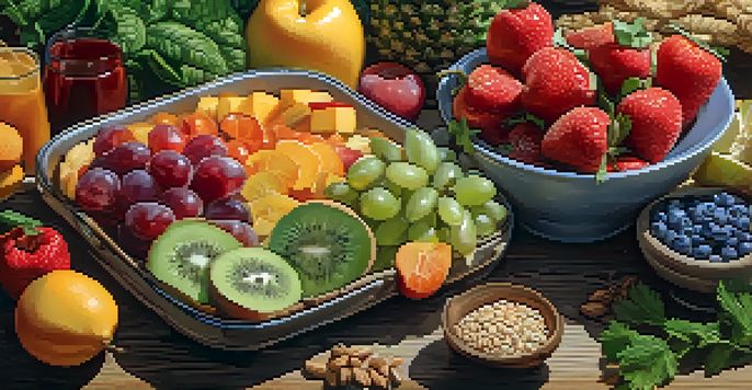 A colorful spread of healthy foods on a wooden table, with fruits, vegetables, and proteins under soft natural light.