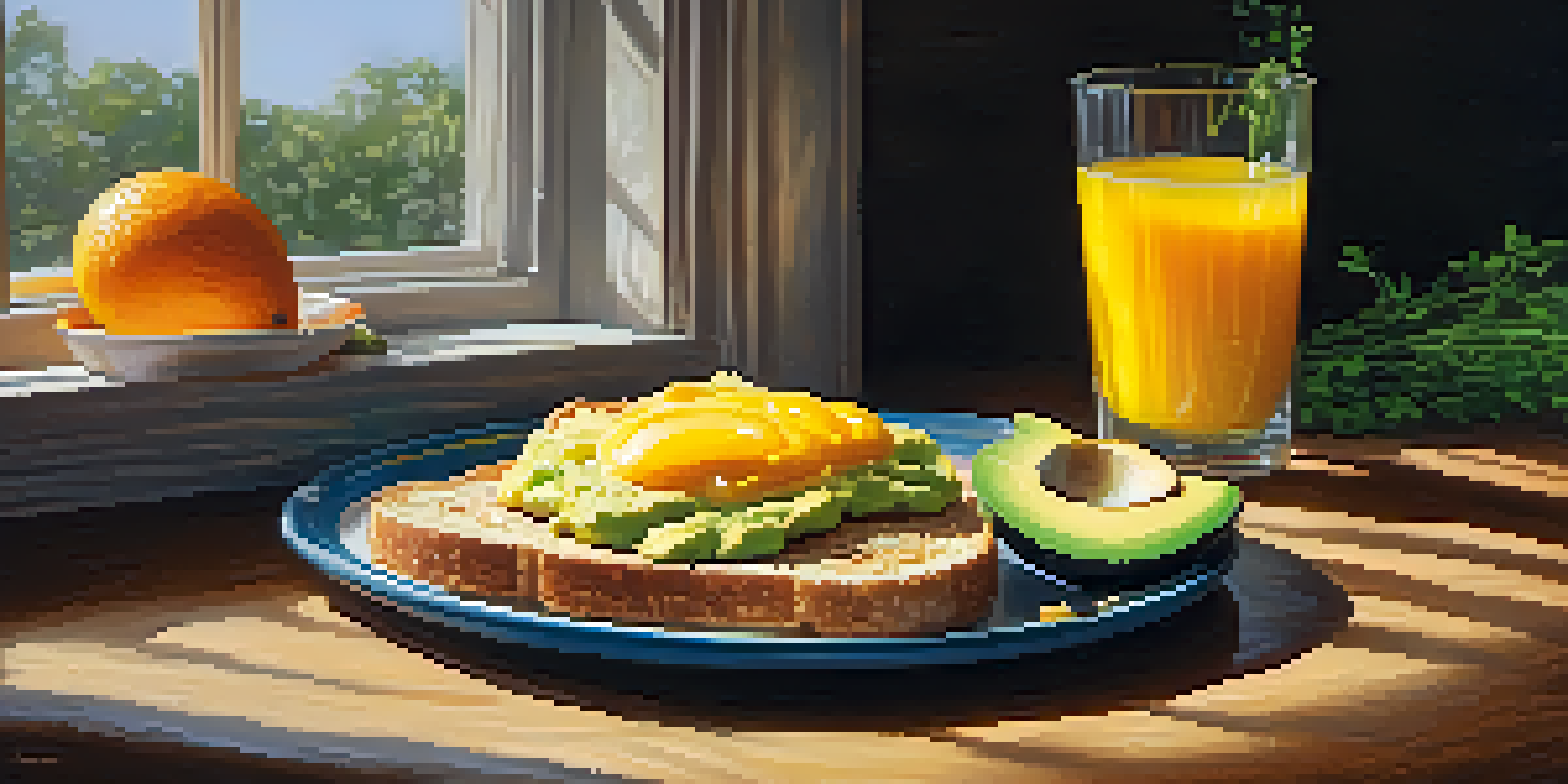 A colorful breakfast plate with scrambled eggs, avocado, and toast on a wooden table, illuminated by soft morning light.