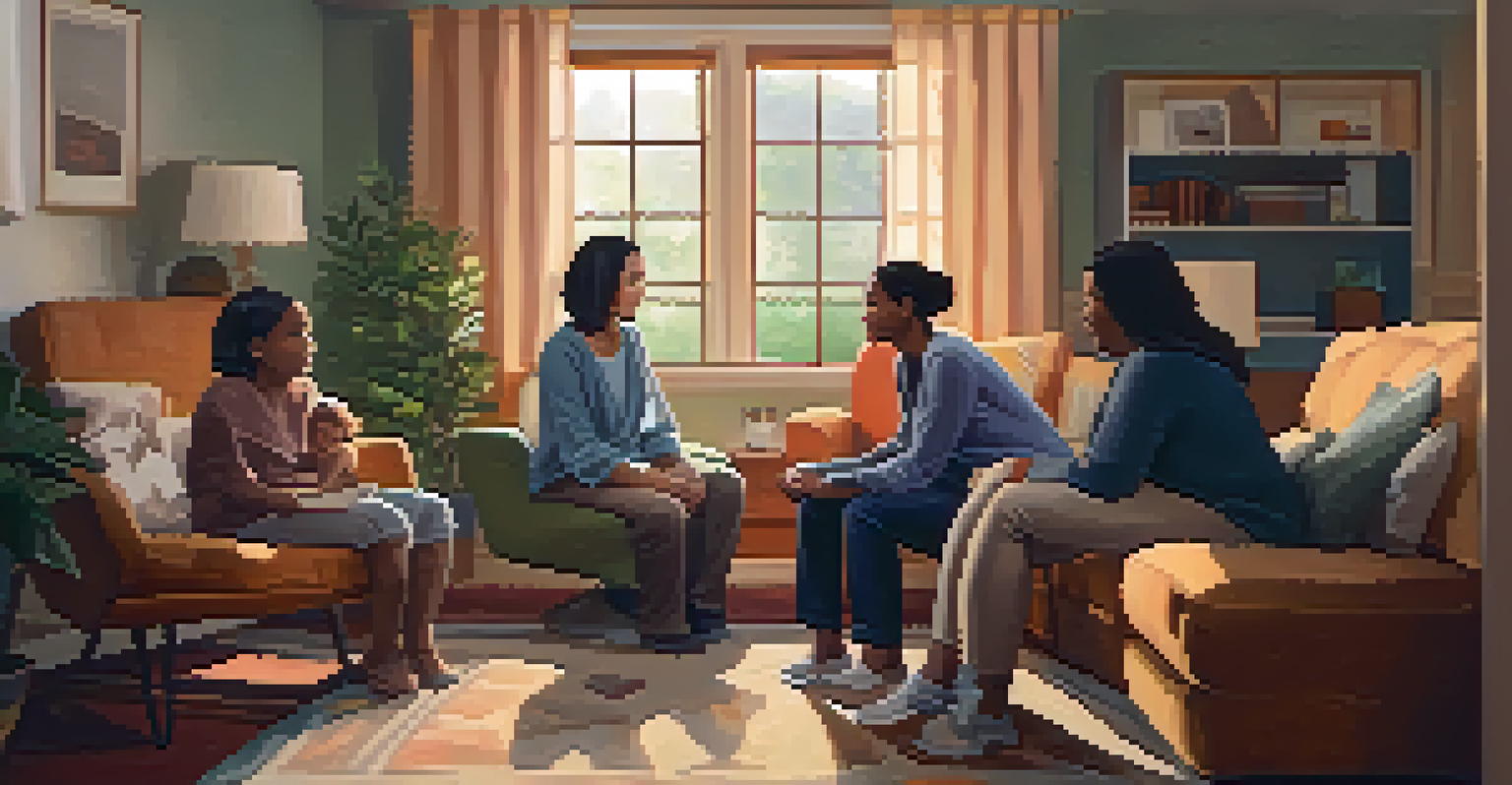 A family therapy session with a woman and her supportive family members seated in a circle, sharing experiences in a cozy room.