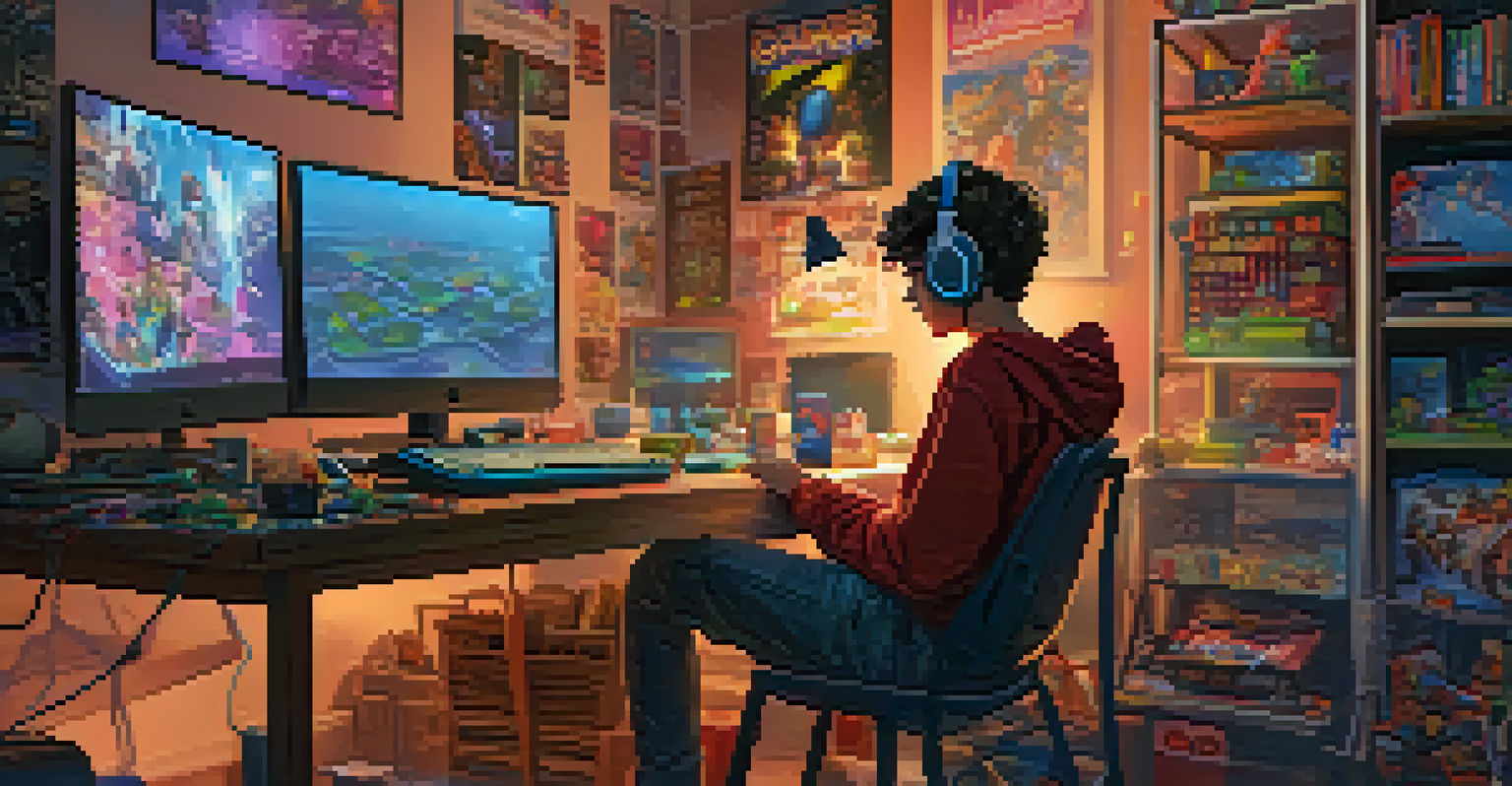 A teenager focused on playing an online game at a computer desk, surrounded by gaming accessories.