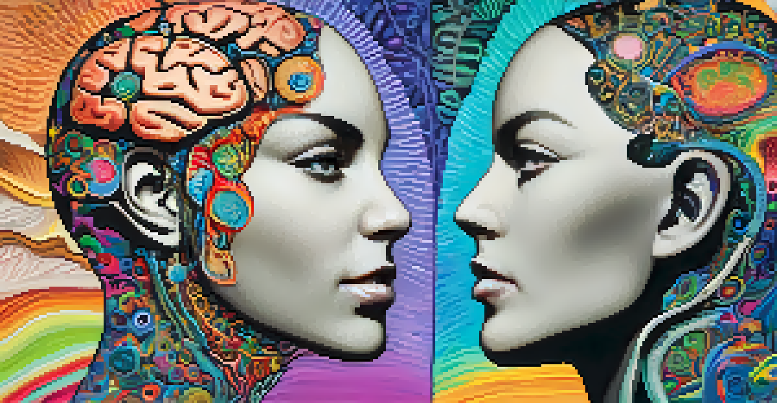 An artistic representation of a brain split in half, showing vibrant and dynamic patterns on one side and softer pastel hues on the other.
