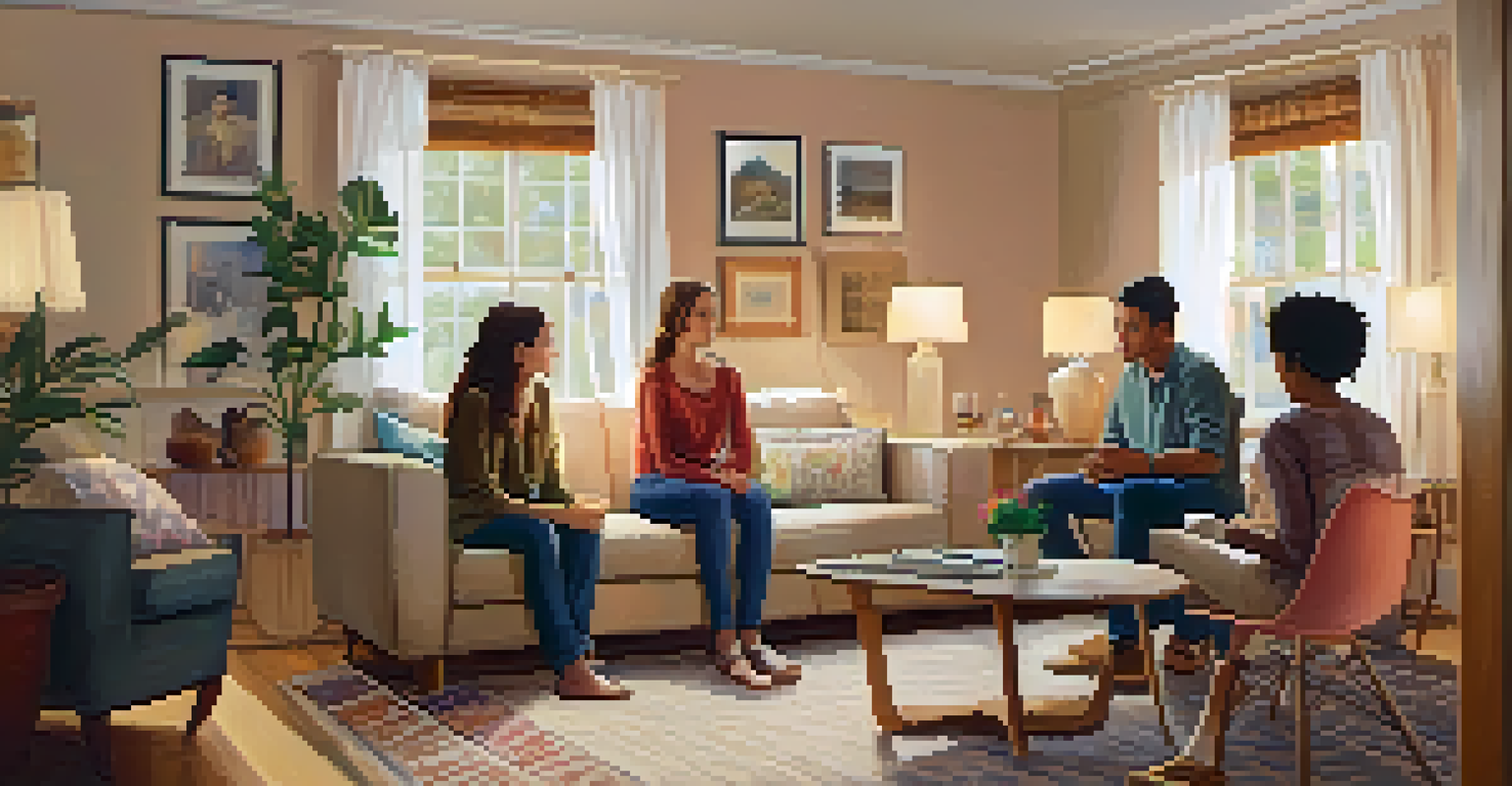 A family sitting in a cozy living room, engaged in a supportive discussion, with warm lighting and personal touches in the decor.