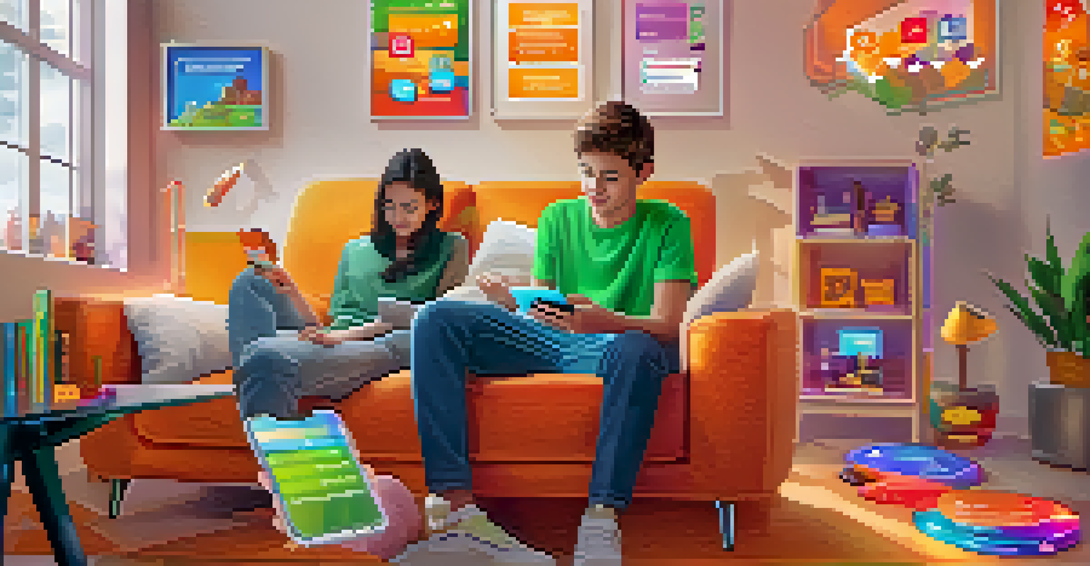 A smartphone displaying an interactive app for addiction prevention education, with engaging graphics and a young person happily using it.