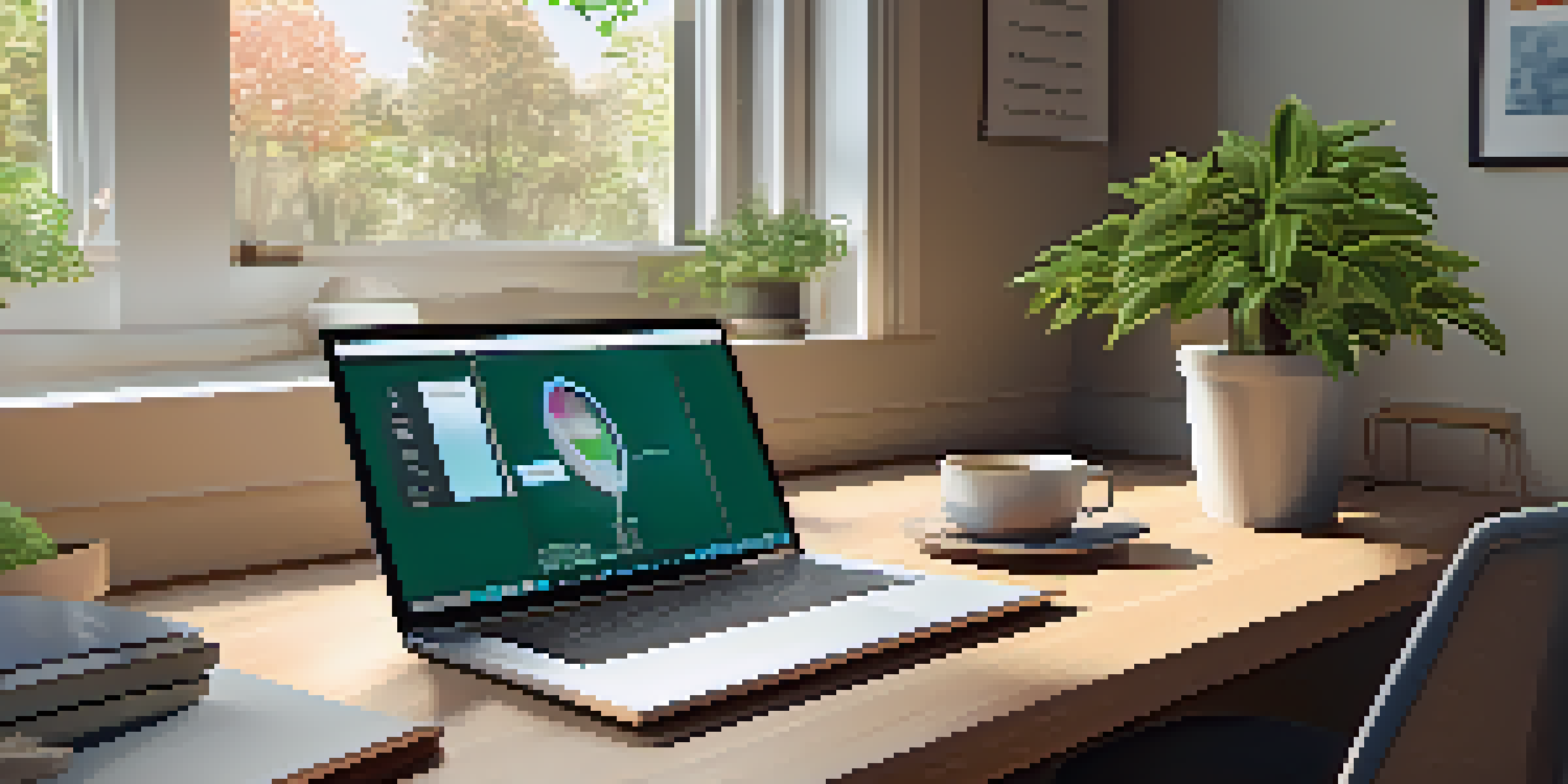 A home office with a laptop displaying a telehealth consultation, a cozy atmosphere with natural light and a plant.