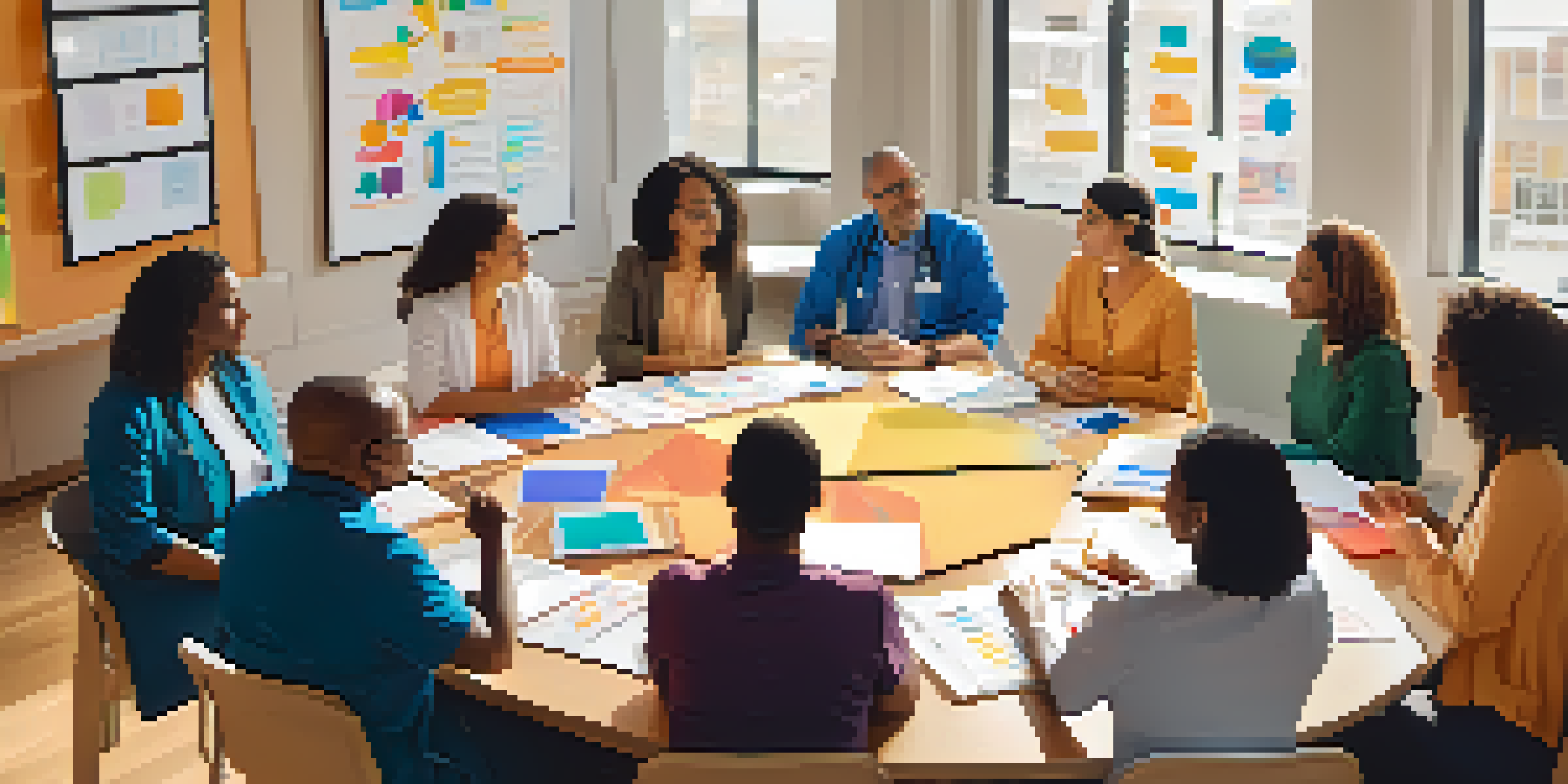 A diverse group of healthcare providers participating in a training workshop focused on cultural competency, surrounded by materials on a bright and airy room.